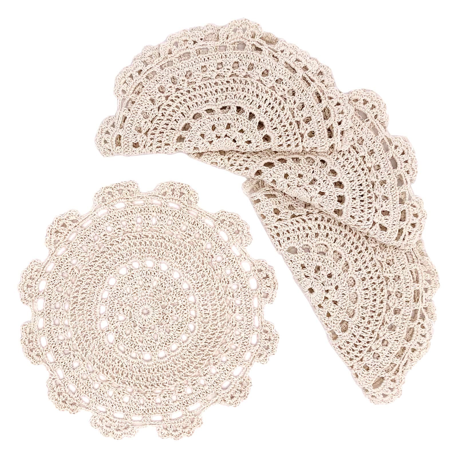 Phantomon 10 Inch Handmade Crochet Round Cotton Lace Table Placemats Doilies Pack of 4, Beige