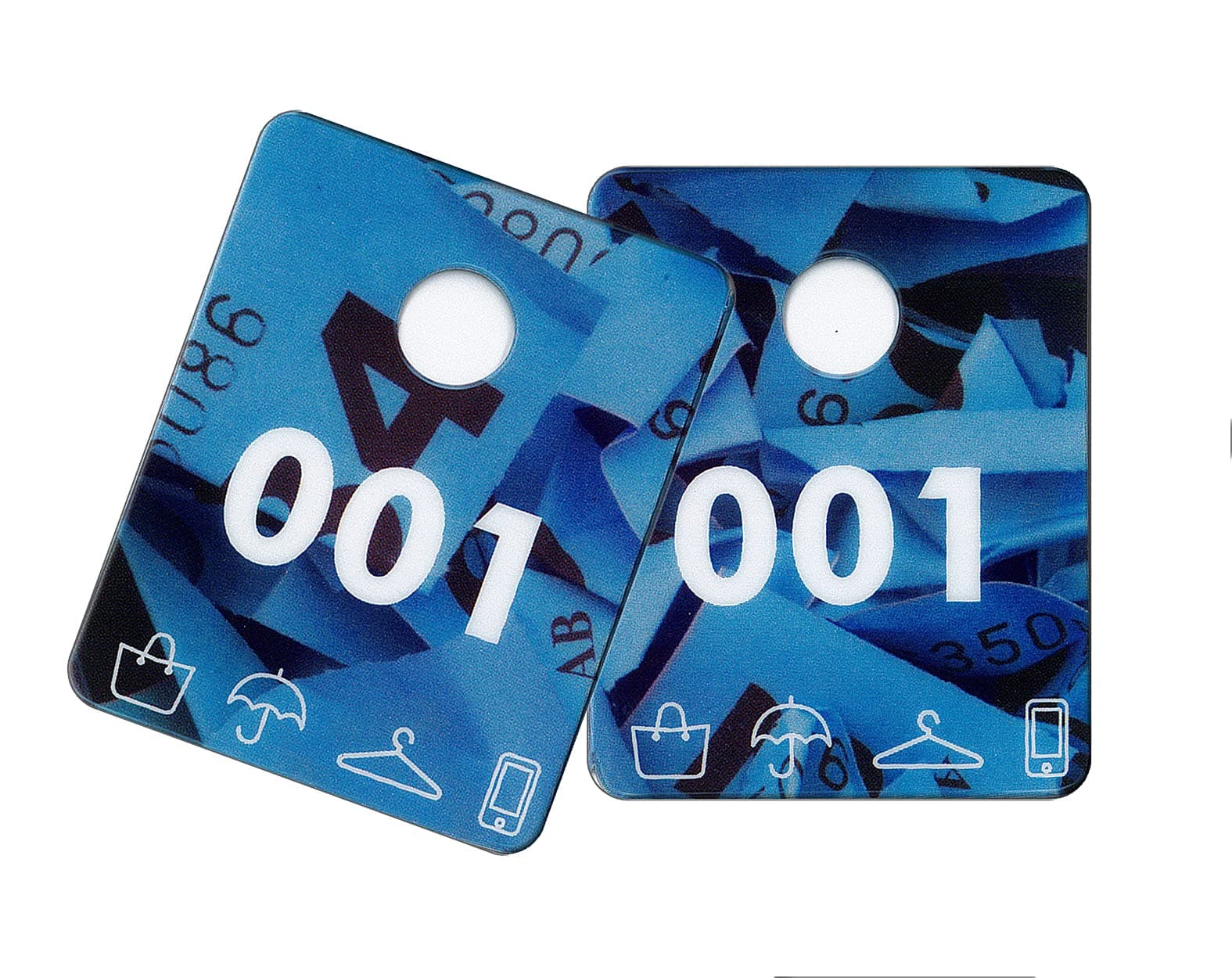 100 Numbered Pairs of Cloakies® - Mini Plastic Cloakroom Tags & 100 Luggage Loops - Blue Raffle Ticket Design
