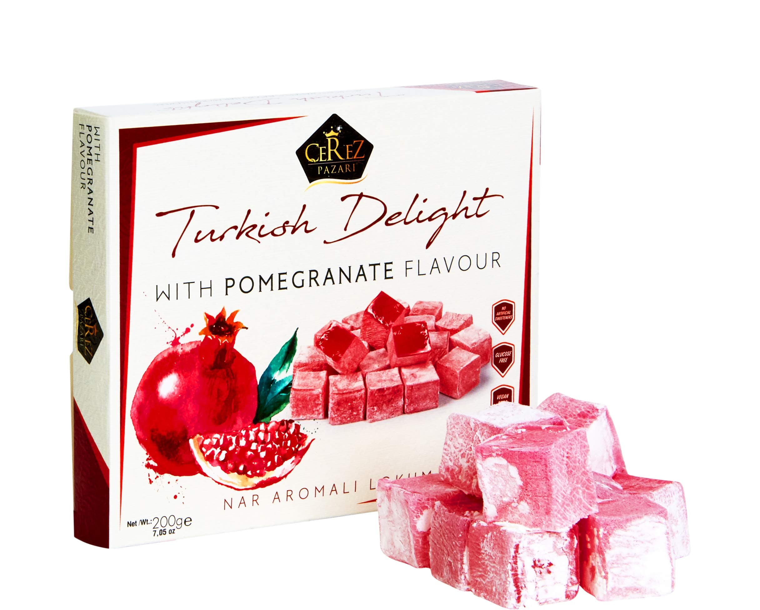 Cerez Pazari Turkish Delight with Pomegranate Flavour 200 gr Gourmet Small Size Snacks Gift Box No Nuts Sweet Luxury Traditional Confectionery Vegan Candy Dessert Glucose Free Lokum Approx.18 pcs