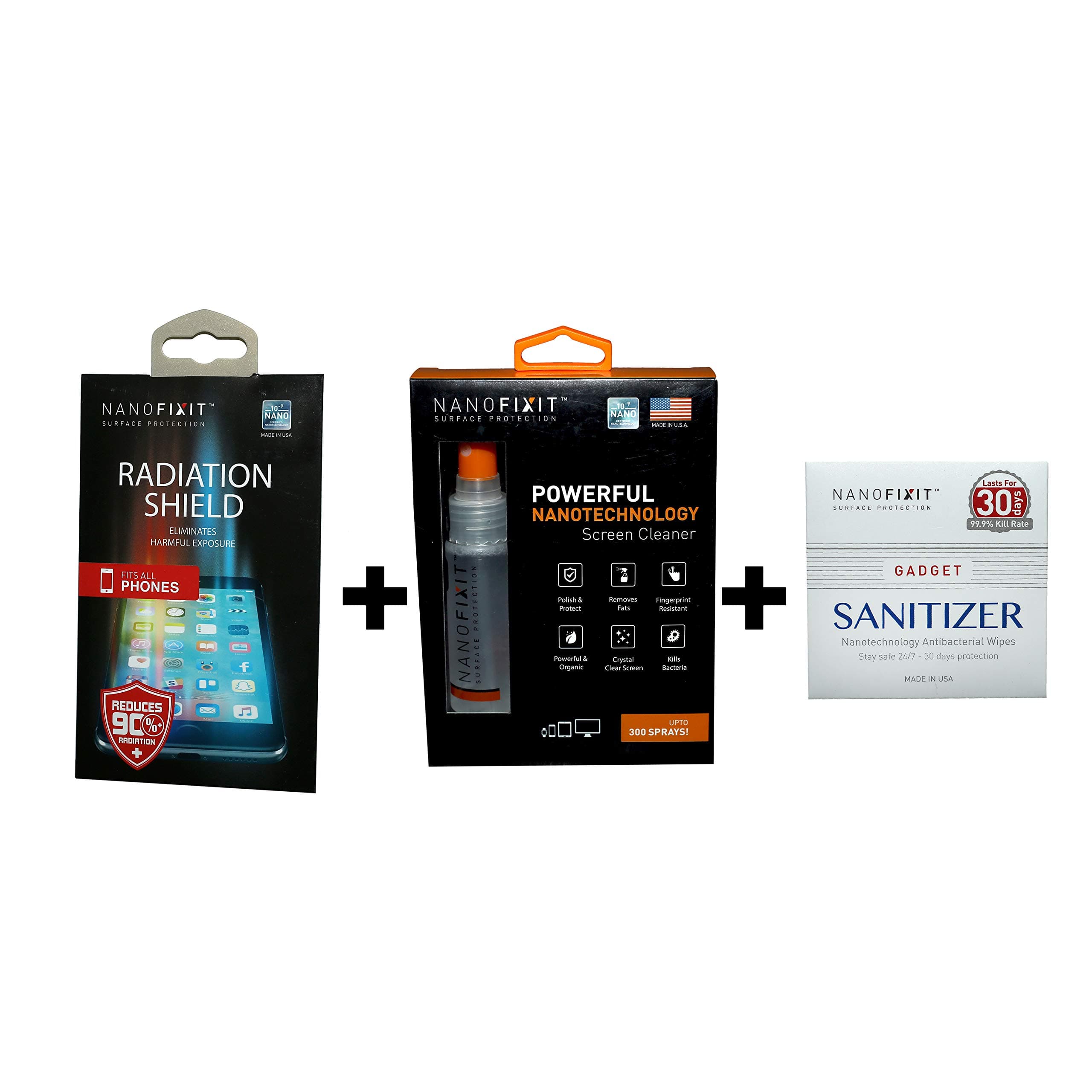 NanOfixit Combo of Radiation Shield, Gadget Sanitizer(Pack of 6) and Powerful Nanotechnology Screen Cleaner for All Phones