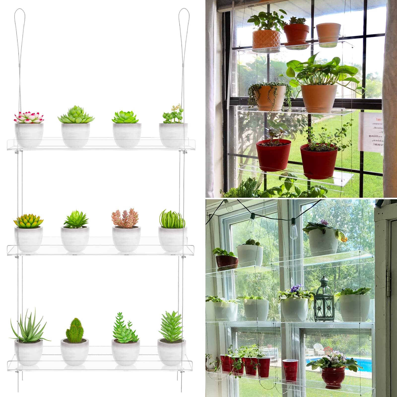 3-Tier Clear Hanging Window Plant Shelves 16In, Height Adjustable Acrylic , Indoor Windows Wall Hanging Plant Stand Flower Display, Flower Pot Organizer Storage for Grow Herbs, Microgreens, Succulents