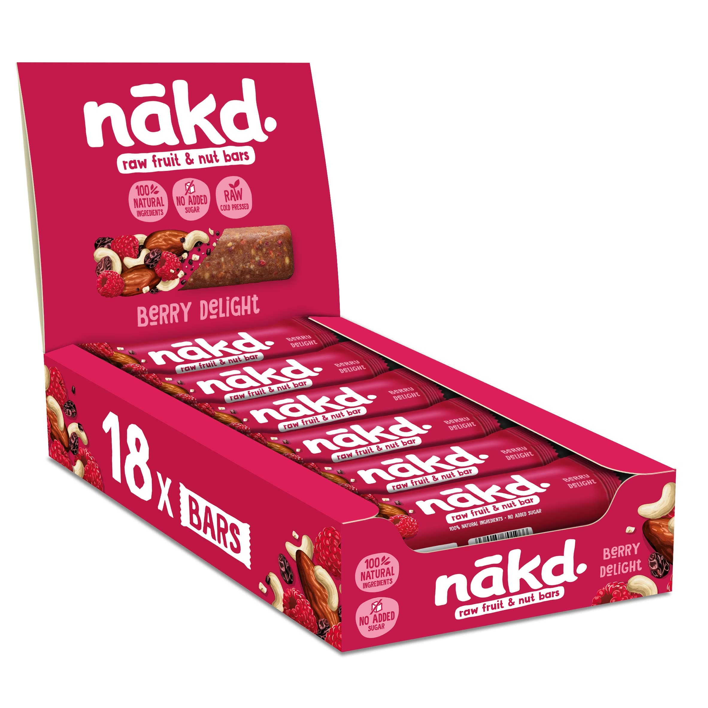 Nakd Berry Delight Natural Fruit & Nut Bars - Vegan - Gluten Free - Healthy Snack, 35 g (Pack of 18)