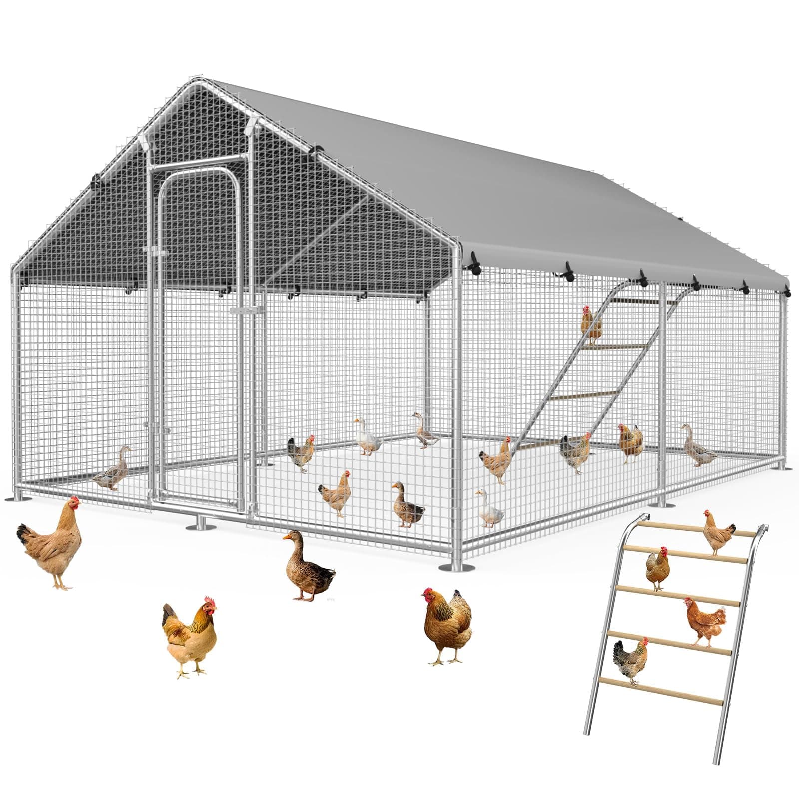 Metal Chicken Coop Run with Roosting Perch, Large Outdoor Poultry Cage with Wire Mesh and UV-Resistant Cover for Chickens Use, Spire Roof (141.8×106.3×78.3 in)