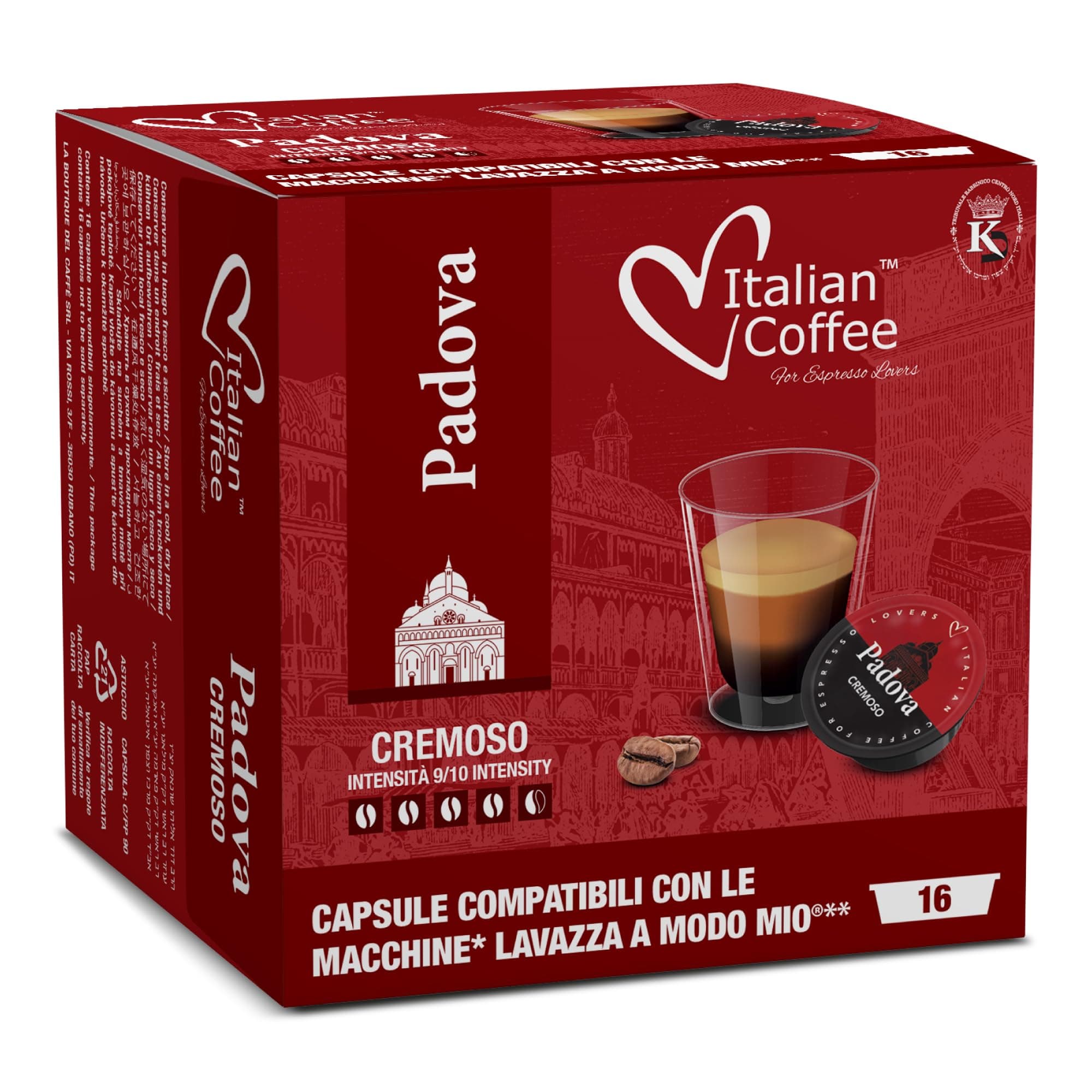 Italian Coffee, 128 Coffee Capsules Compatible with Lavazza A Modo Mio – Padova Creamy Espresso, 40% Arabica 60% Robusta – Full Body and Bold Taste