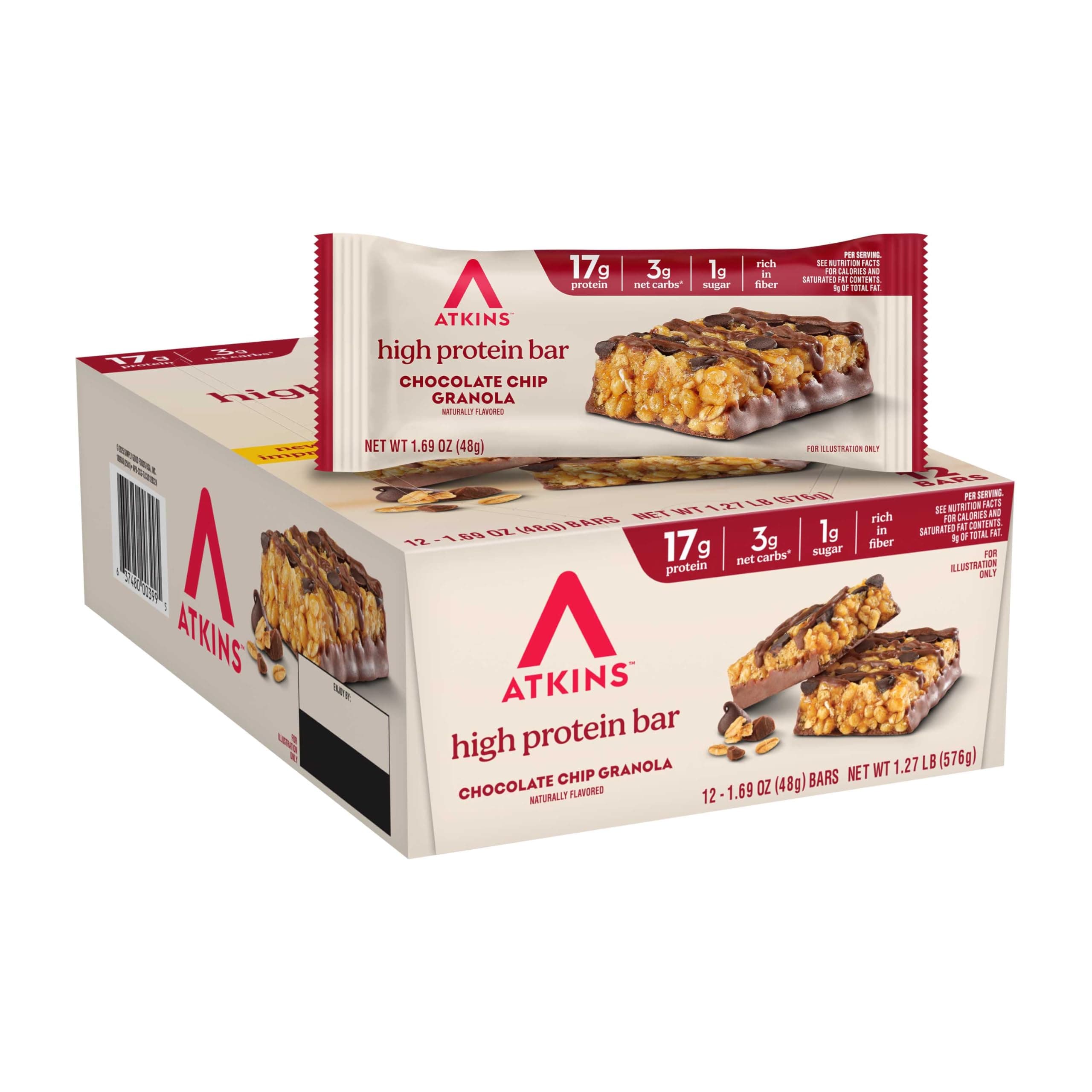 Atkins Chocolate Chip Granola Protein Bar, High Fiber, Low Sugar, 17g Protein, 3g Net Carb, High Protein Bars, Keto Friendly, 12 Count