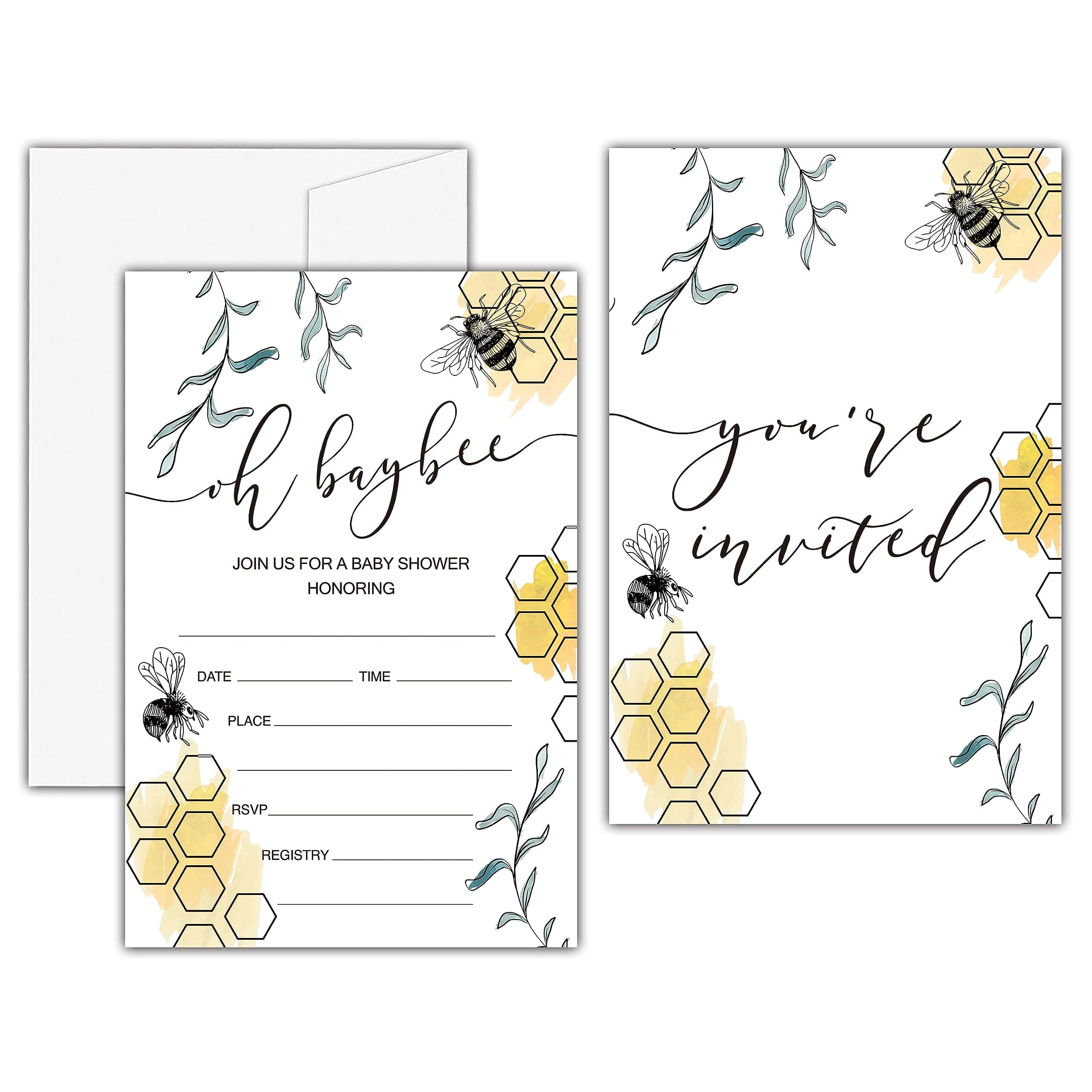 Bee Baby Shower Invitations, Oh BayBee Invitation Card, Honey Comb Baby Shower Supplies & Bumble Bee Gender Reveal Party Decorations (25 Set of Invitations with Envelopes)-02