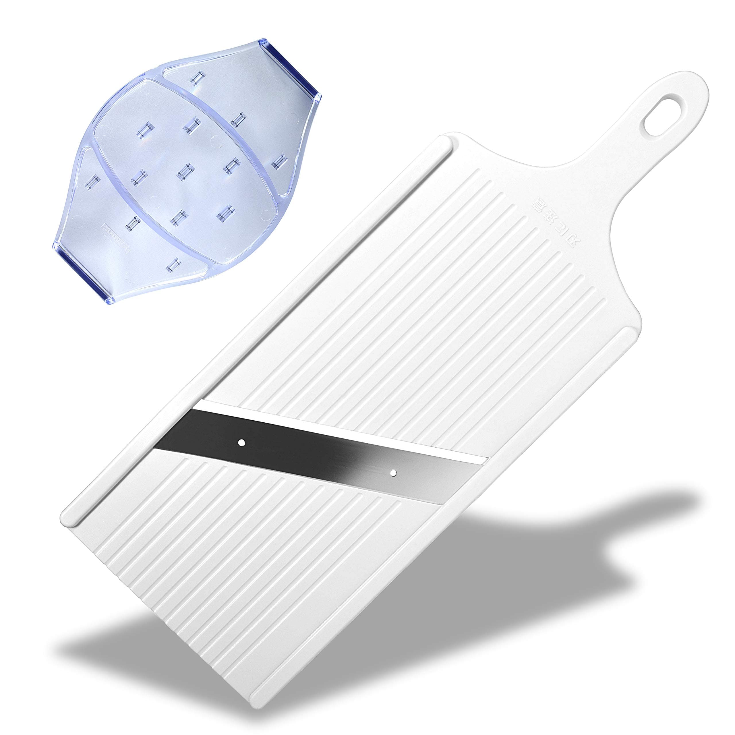 Seki Japan Vegetable Slicer, stainless steel mandoline slicer with hand protector, wide black plastic slicer, great for shredded cabbage