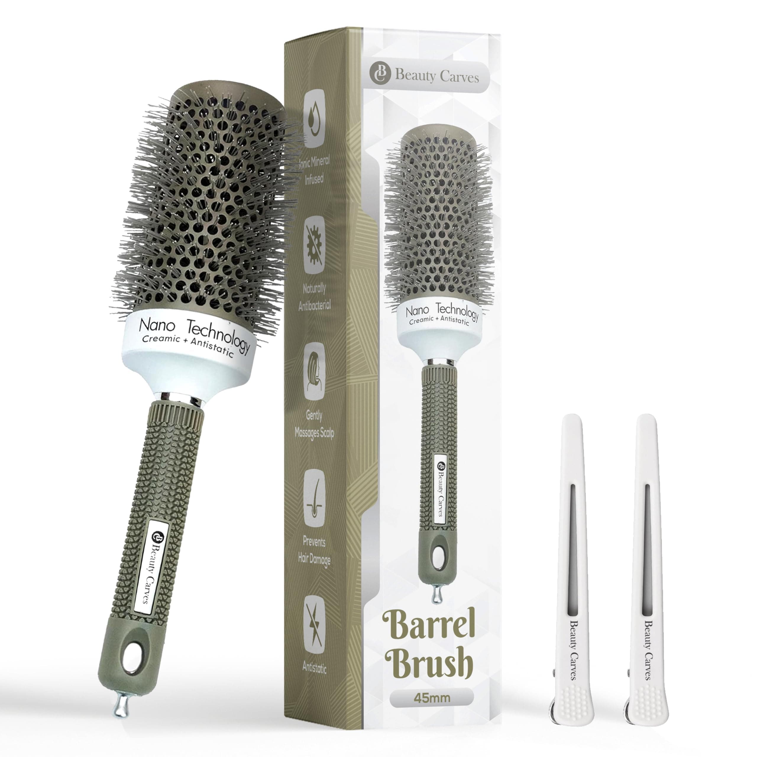Round Brush, 45 mm/1.7 Inch Barrel with 2 Clips – Round Hair Brush with Flexible Nylon 66 Bristles Nano Ionic Heat Resistant Tech for Professional Curling, Styling & Shining Texture