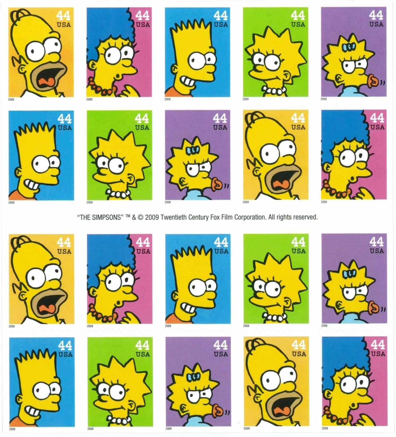 The Simpsons Sheet of 20 USPS Stamps