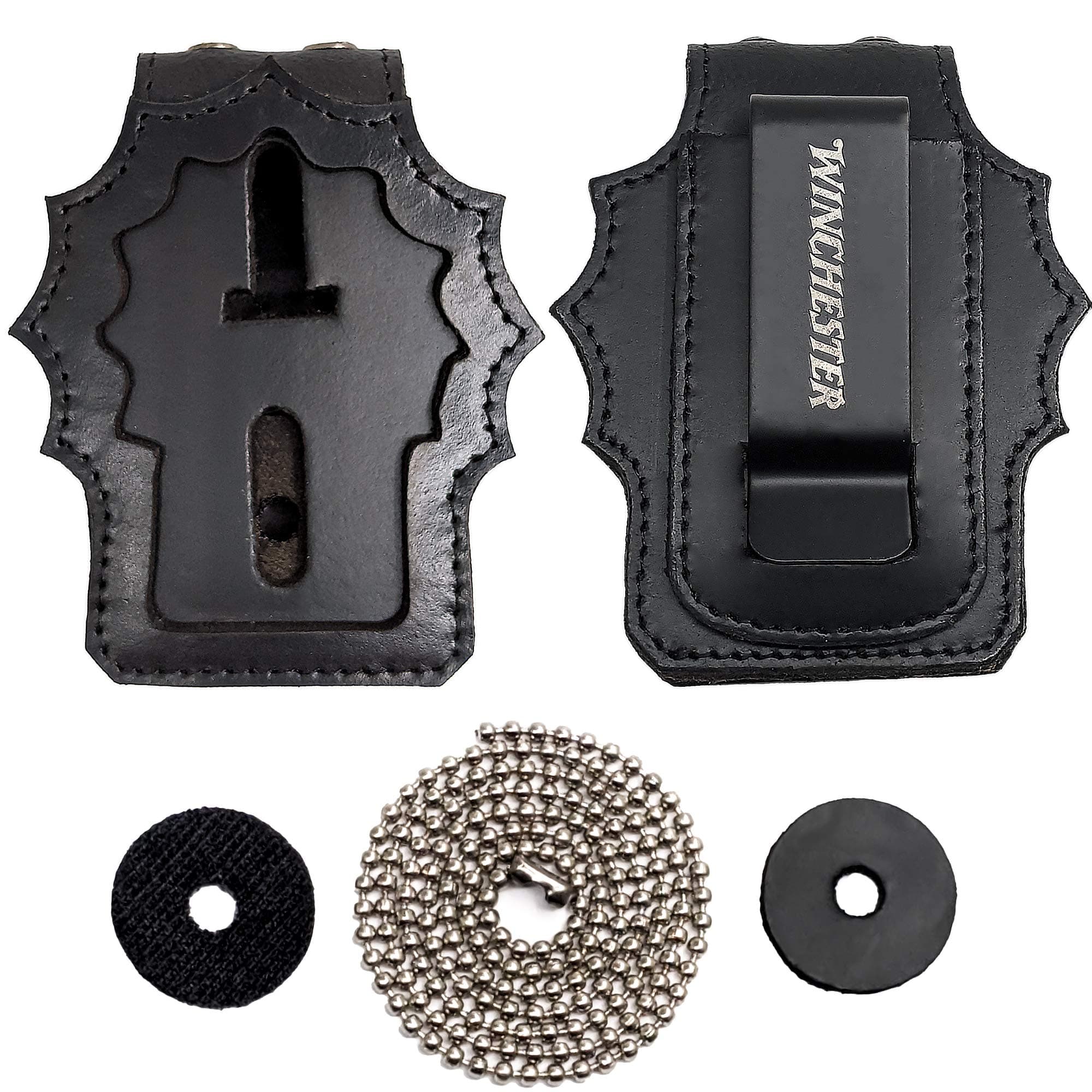 Winchester Police Badge Holder with Chain and Belt Clip, NYPD Detective Badge Shield Holder, Leather