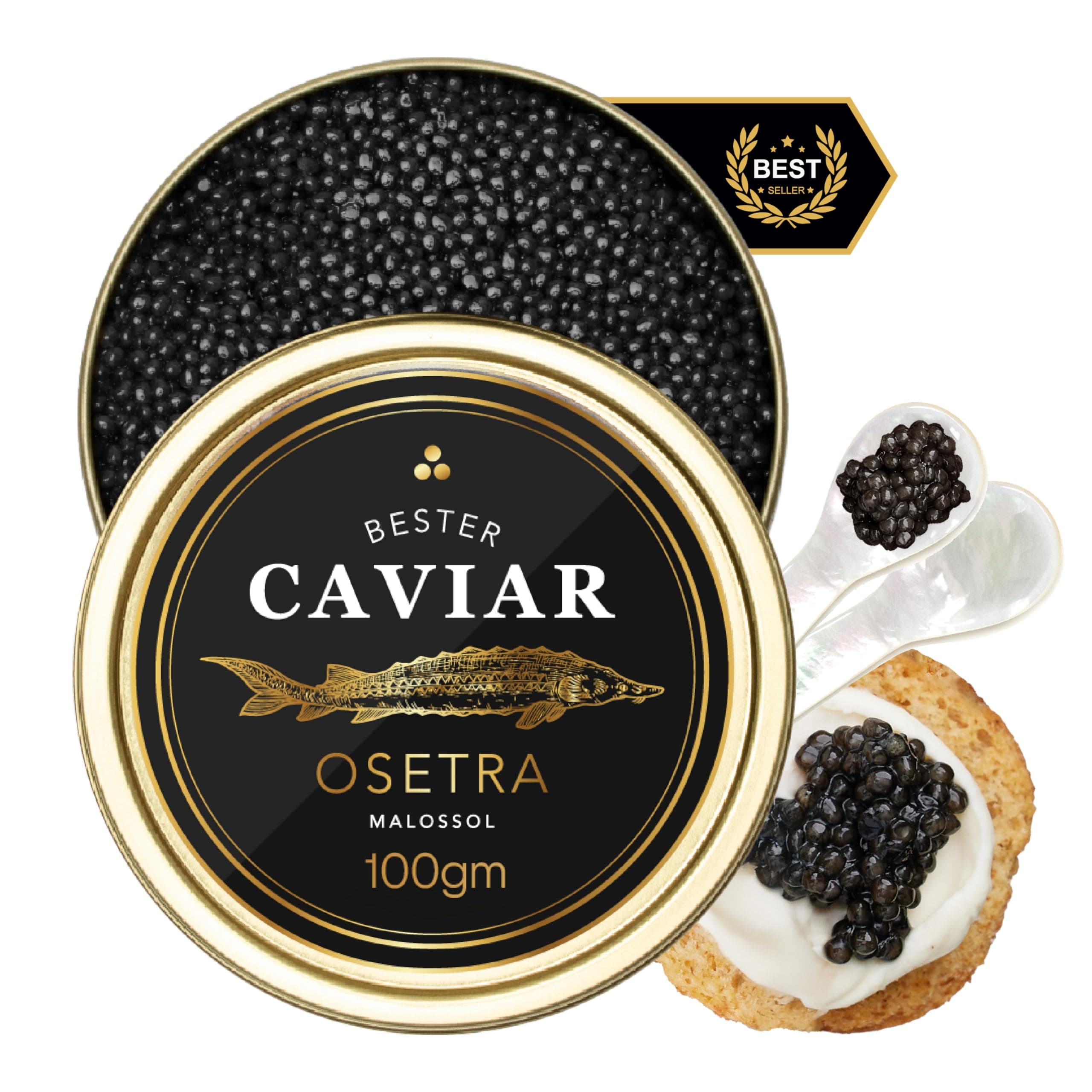 BESTER CAVIAR Premium Osetra Sturgeon Caviar – Traditionally Harvested Malossol Ossetra Black Roe with Mother of Pearl Spoon – Single Tin (3.5 oz)