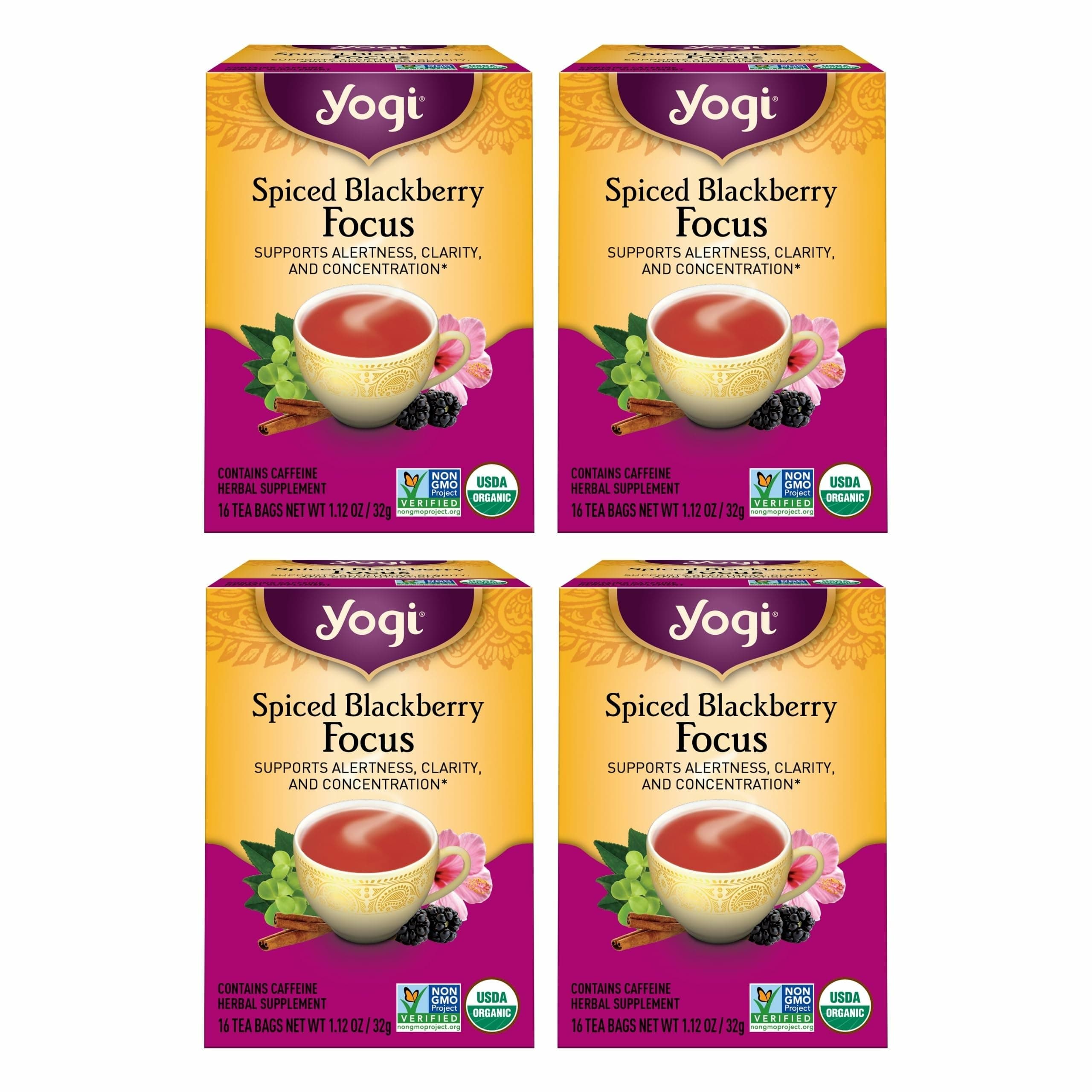Tea Spiced Blackberry Focus - 16 Bags per Pack (4 Packs) - Organic Blackberry Tea for Focus with Caffeine - Includes Black Tea Leaf, Hibiscus Flower, Cinnamon Bark & More