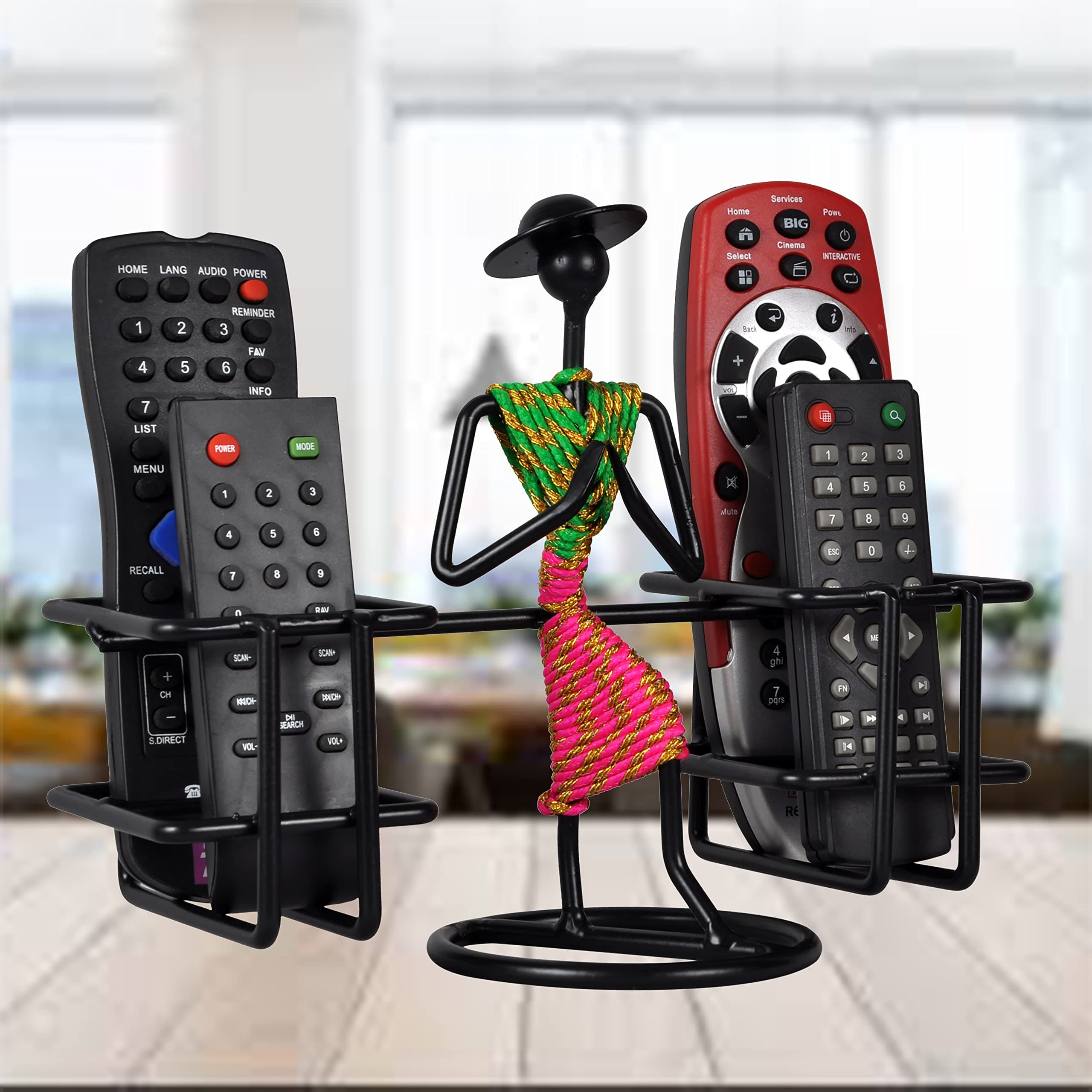 D&V ENGINEERING - Creative in innovationMetal WELCOME Gesture Lady Design Remote Holder/Stand/Organizer for TV AC DVD DTH Remotes, Living Room Decor, showpiece (4 Remotes, Green & Pink).
