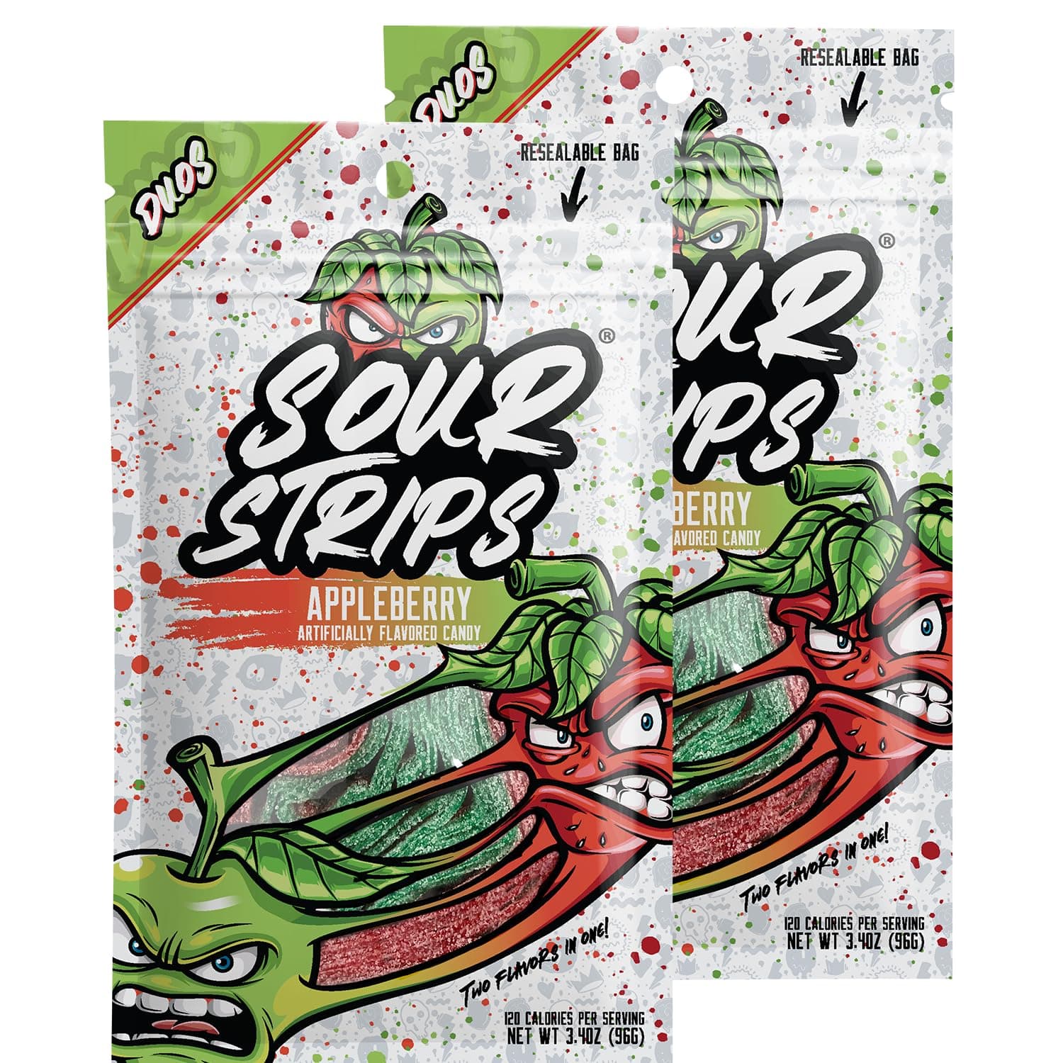 SOUR STRIPS Flavored Sour Candy Strips, Deliciously Sour Chewy Candy Belts, Vegetarian Candies, 2 Pack (Appleberry (2 pack))