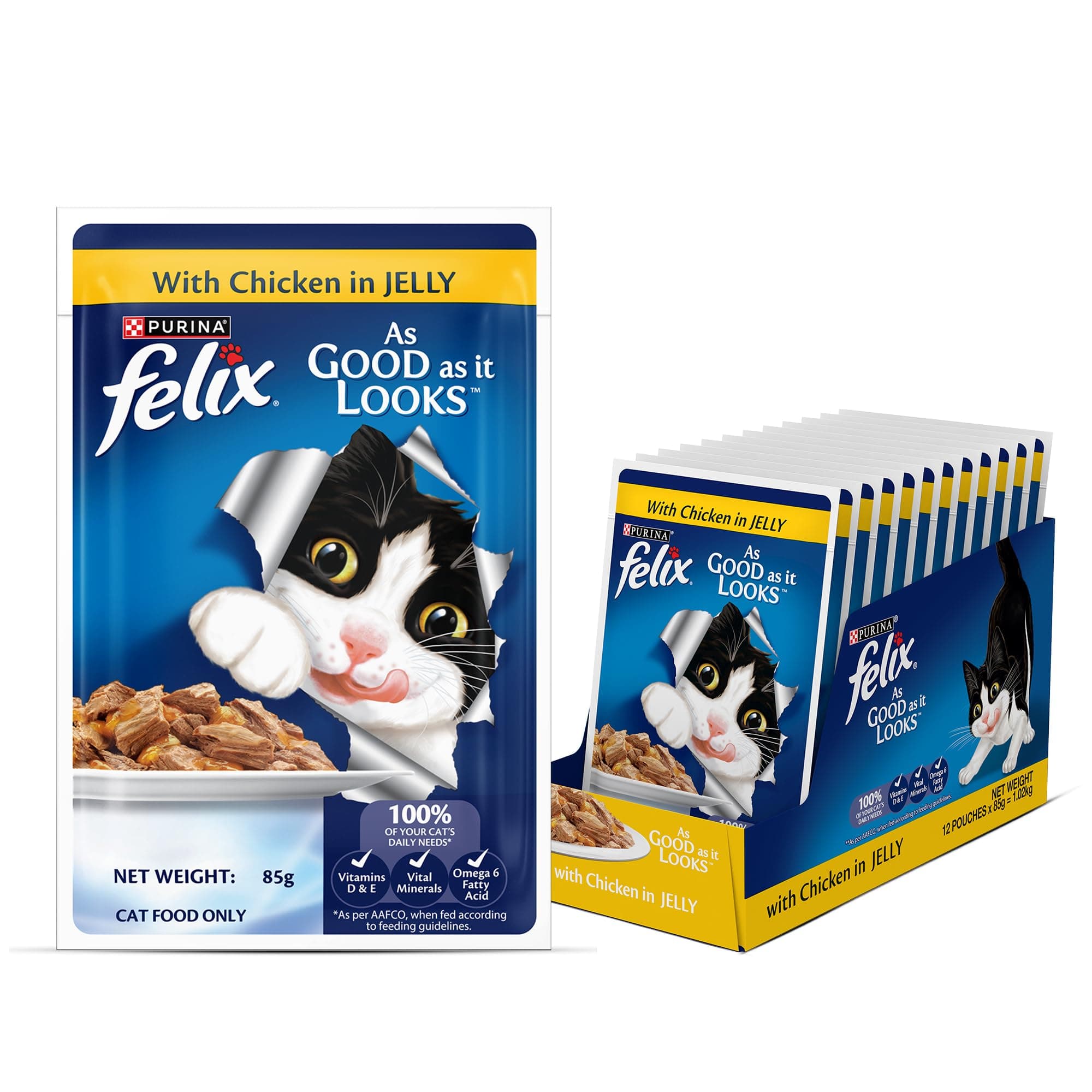 Purina Felix with Chicken in Jelly | Wet Food for Adults | Complete and Balanced Cat Food, Pack of 12 Pouches (12 x 85 g)