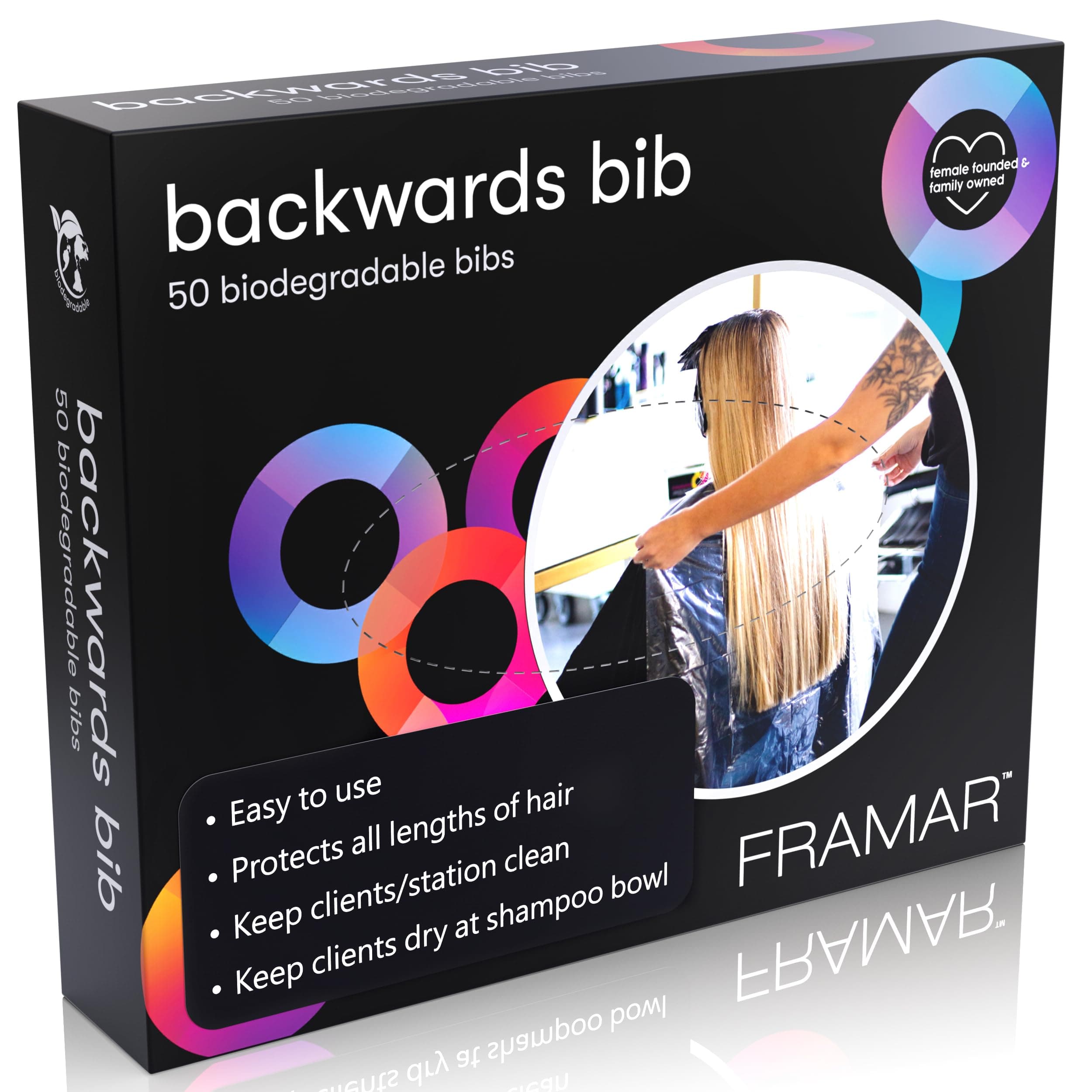 FRAMAR Backwards Bib Disposable Hair Cutting Capes Salon, Protects Clients, Disposable Salon Capes & Chair, Hair Dye Cape, Barber Cape – 50 bibs