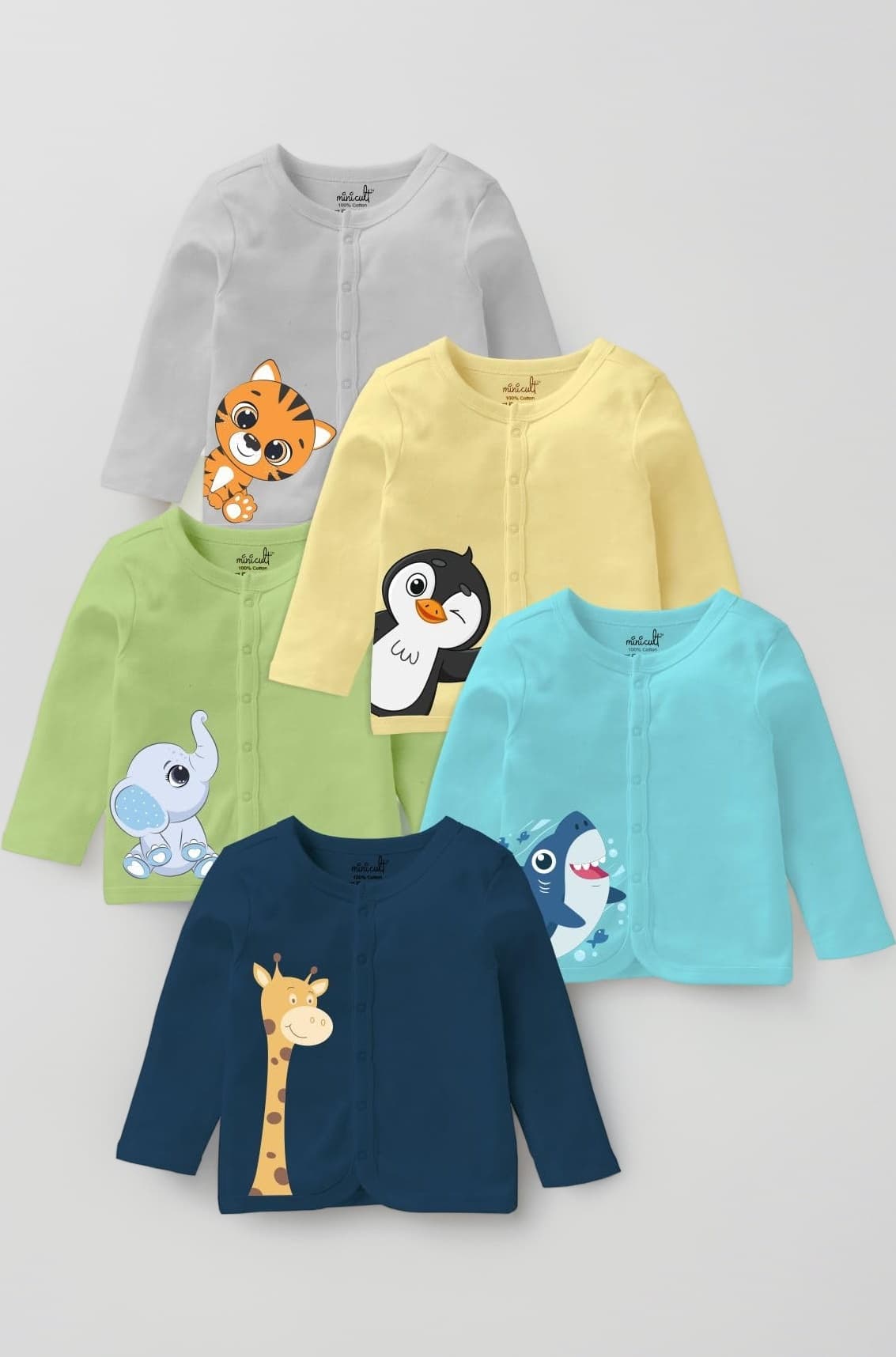 minicult Set of Cotton Unisex Front Open T-Shirt with snap Buttons Pack 5 jhabla