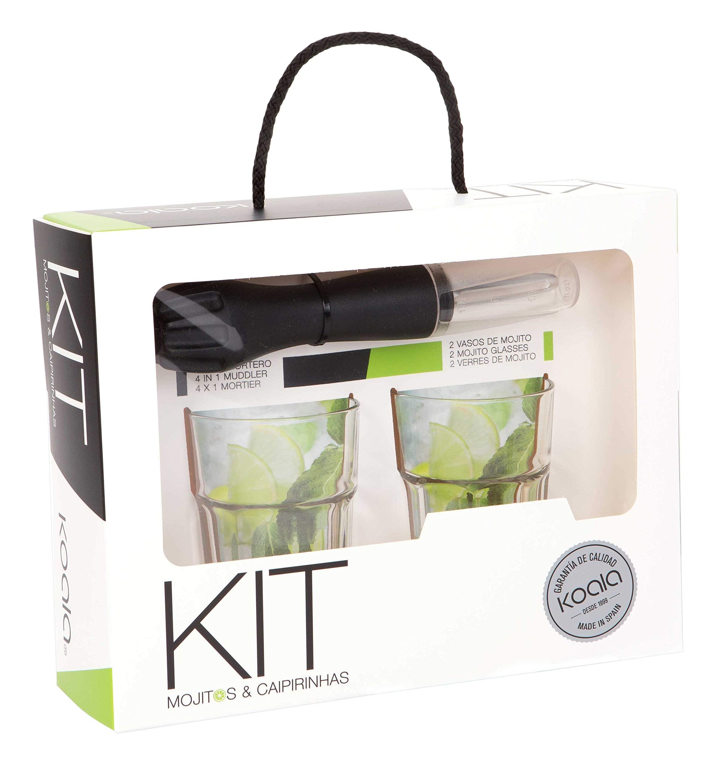 Koala Kit Mojito & Caipirinha-1 Muddler and 2 Glasses-3 Pieces, Crystal, Multi-color, 29.5x23x8.5 cm