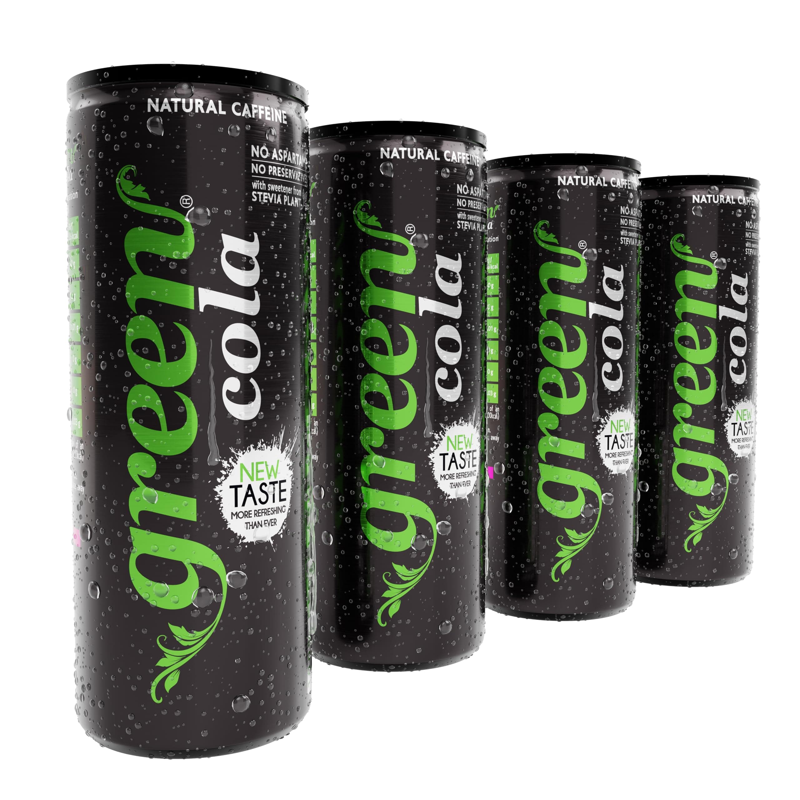 Green Cola - Low Calorie Soft Drink - Sweetened with Stevia, Sugar-Free, Naturally Caffeinated from Green Coffee Beans, No Aspartame - Delicious and Healthy Alternative - Pack of 4 Cans x 330ml