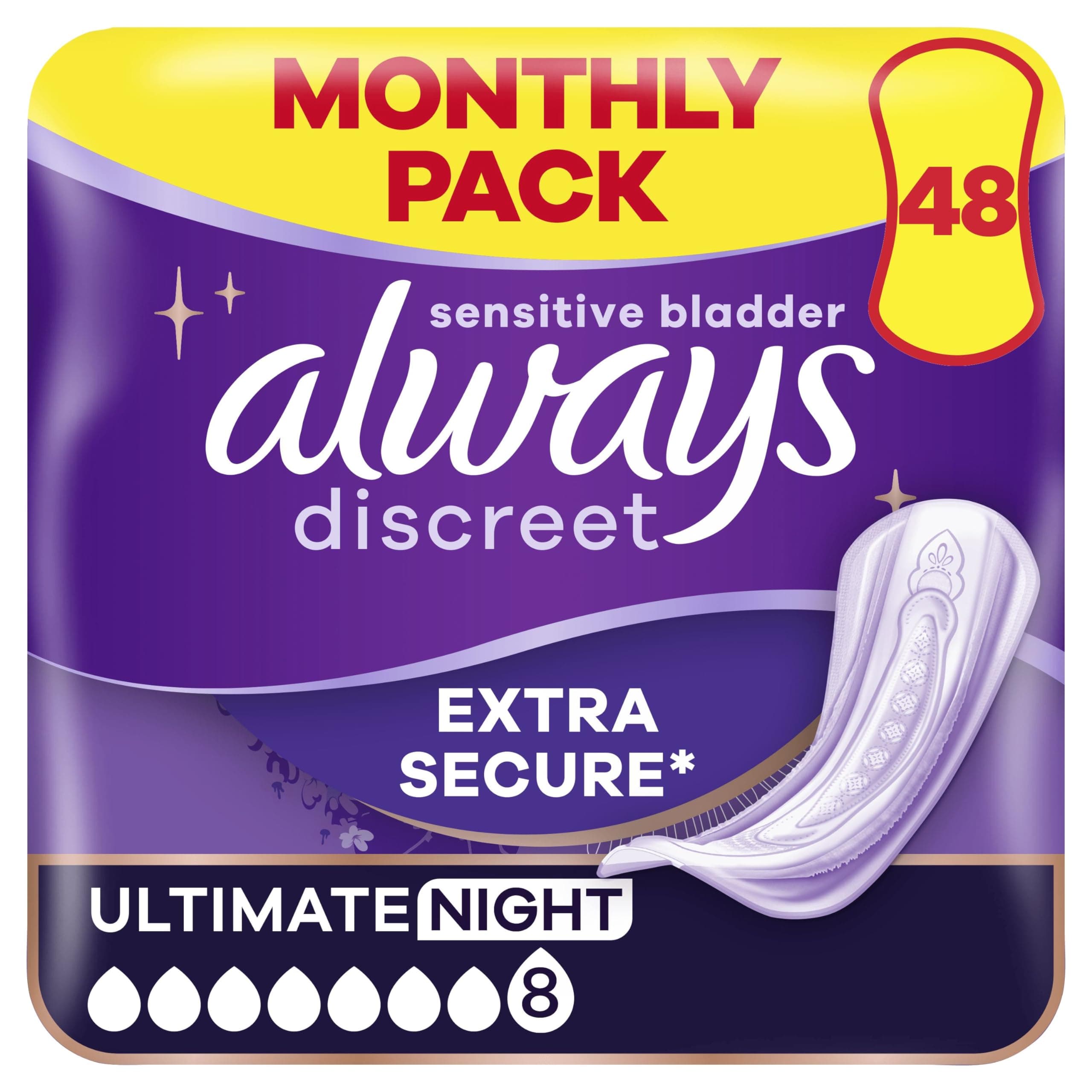 Incontinence Pads Women Ultimate Night 48 Count Extra Secure & Discreet