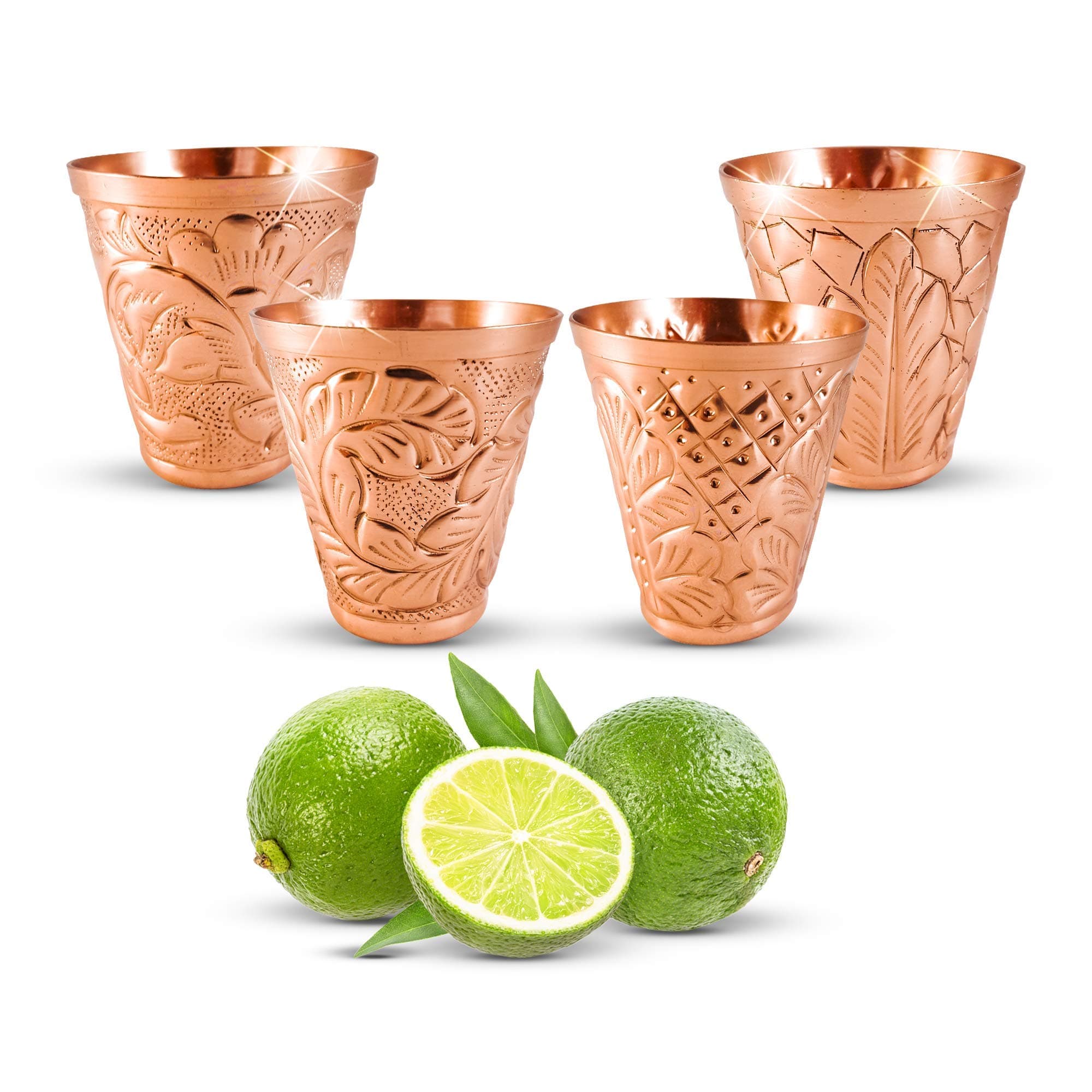 Pure Copper Shot Glass Collection Set of 4 (2 oz) - Custom Embossed Barware for Moscow Mules, Cocktails & Shooters - Gift Set of 4