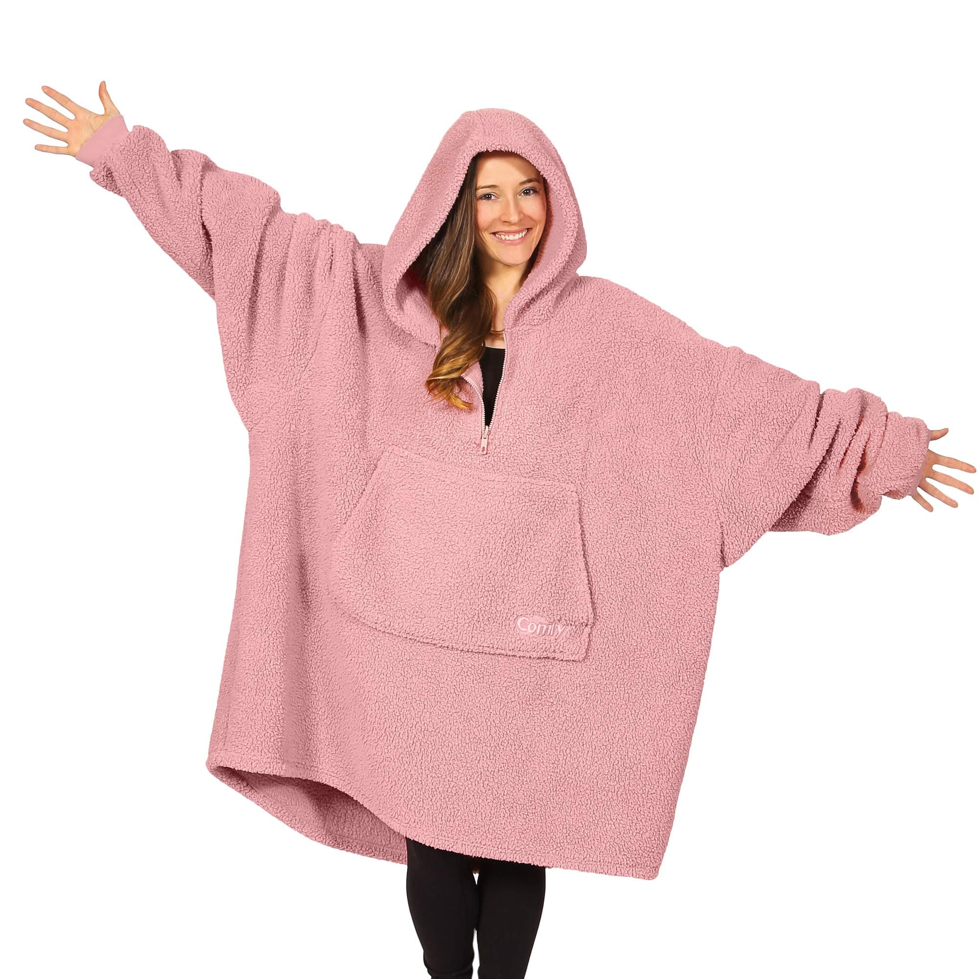 THE COMFYTeddy Bear Quarter Zip - Oversized Wearable Blanket with Sleeves, Zipper and Pocket - One Size Fits All, Cozy Soft Sherpa Hooded Blanket To Wear