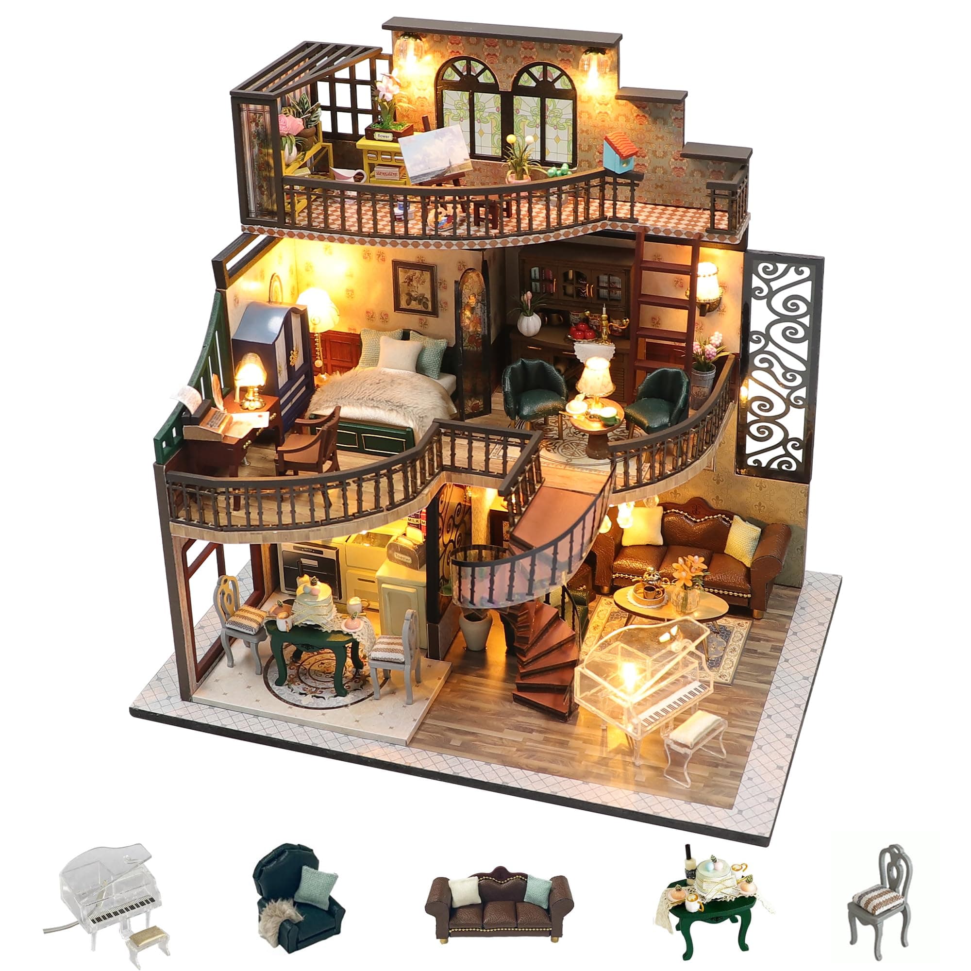 DIY Miniature House Kit, Tiny Home Kit with LED Light, Mini House Build Craft Kits for Adults and Teens, Home Decor Creative Gift for Family/Friends (Dream Building Pavilion)