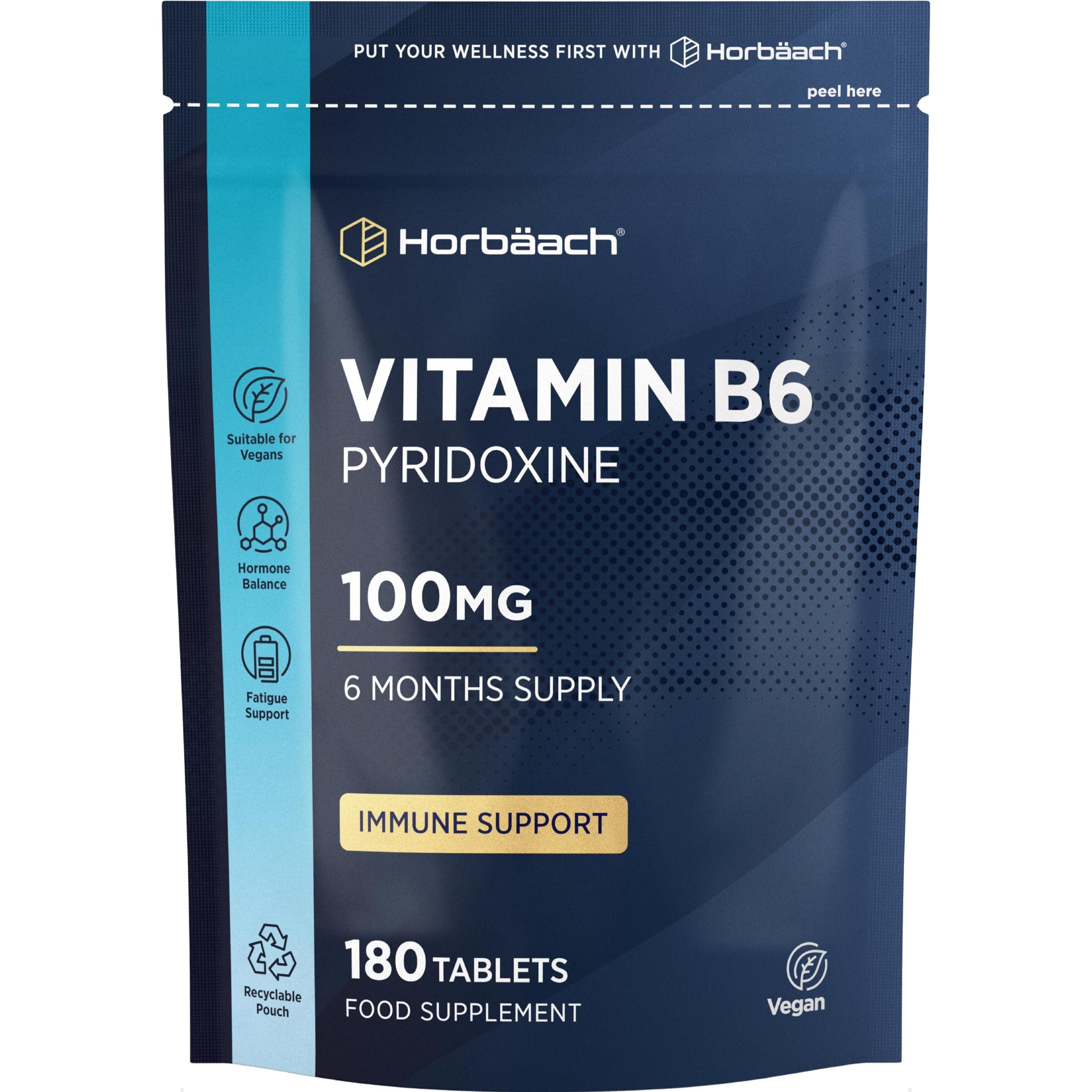 Vitamin B6 High Strength 100mg | 180 Tablets (6 Months Supply) | Vitamin B6 as Pyridoxine HCI | One-a-Day Formula Suitable for Vegans | by Horbaach