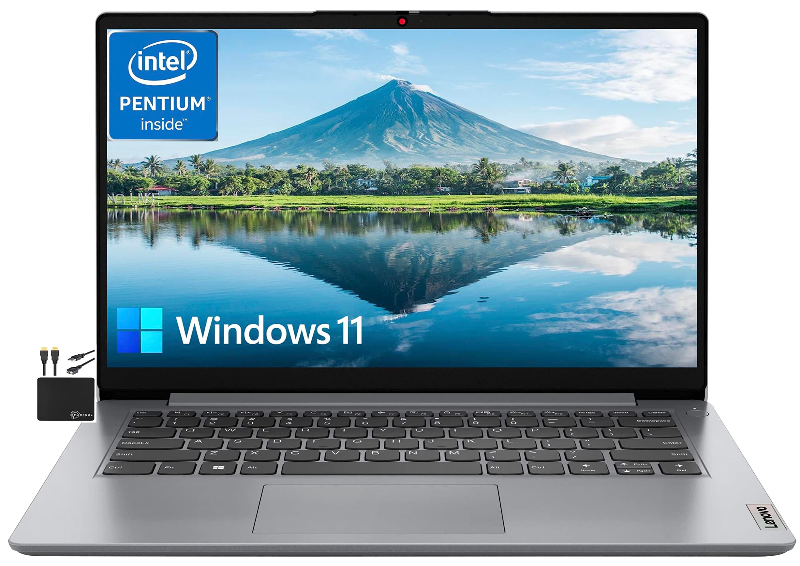 LenovoIdeaPad 2023 14'' HD Laptop Computer Business,Quad Core Intel Pentium N5030 (Upto 3.1GHz),4GB RAM,128GB eMMC,WiFi,Webcam,10+ Hours Battery,Microsoft 365,Win 11S+MarxsolCables Cloud Grey