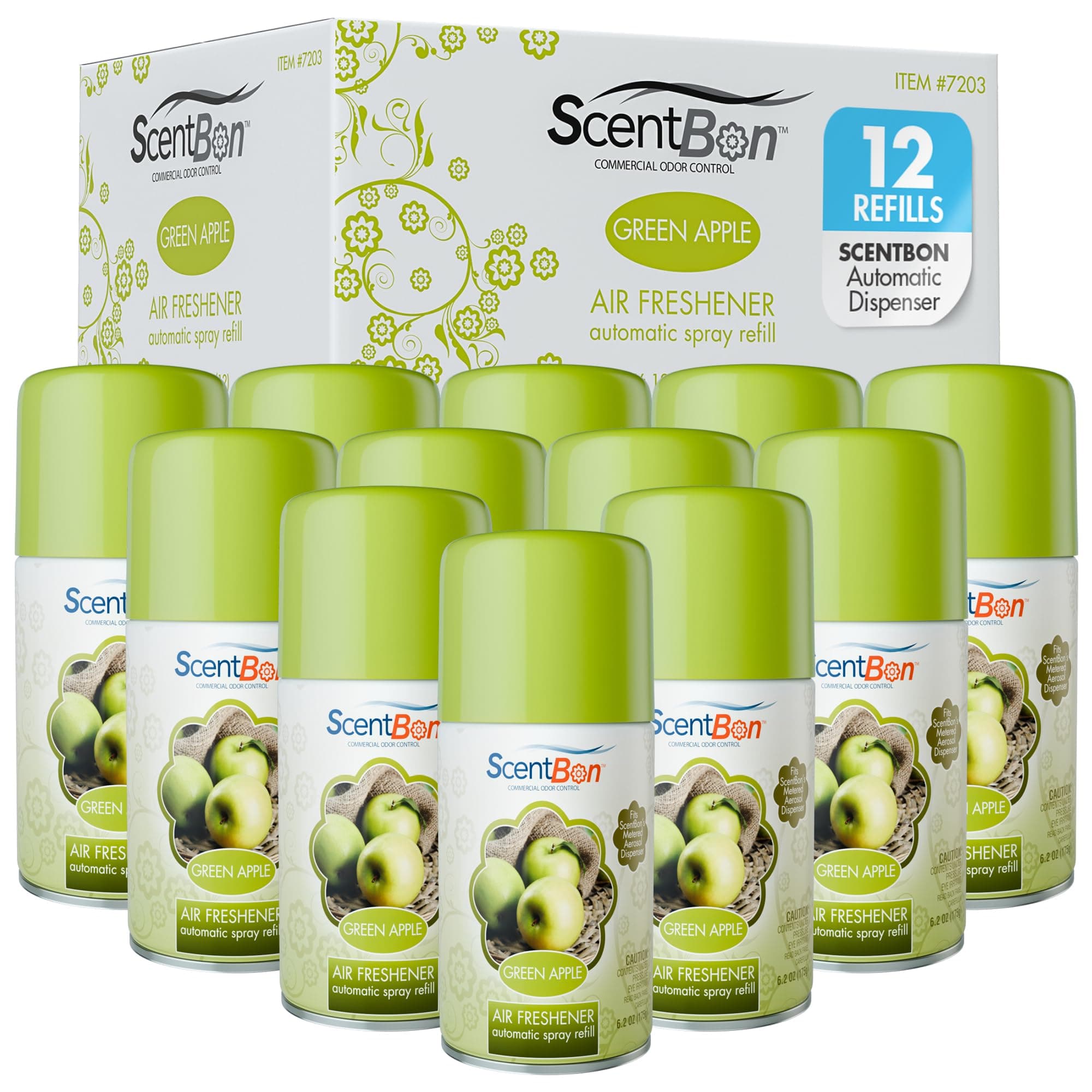Air Freshener Refill Metered Aerosol Can, Cinnamon, Fresh Linen, Green Apple, Mango, Ocean, Vanilla, Pack of 12 (12, Green - Green Apple Scent)