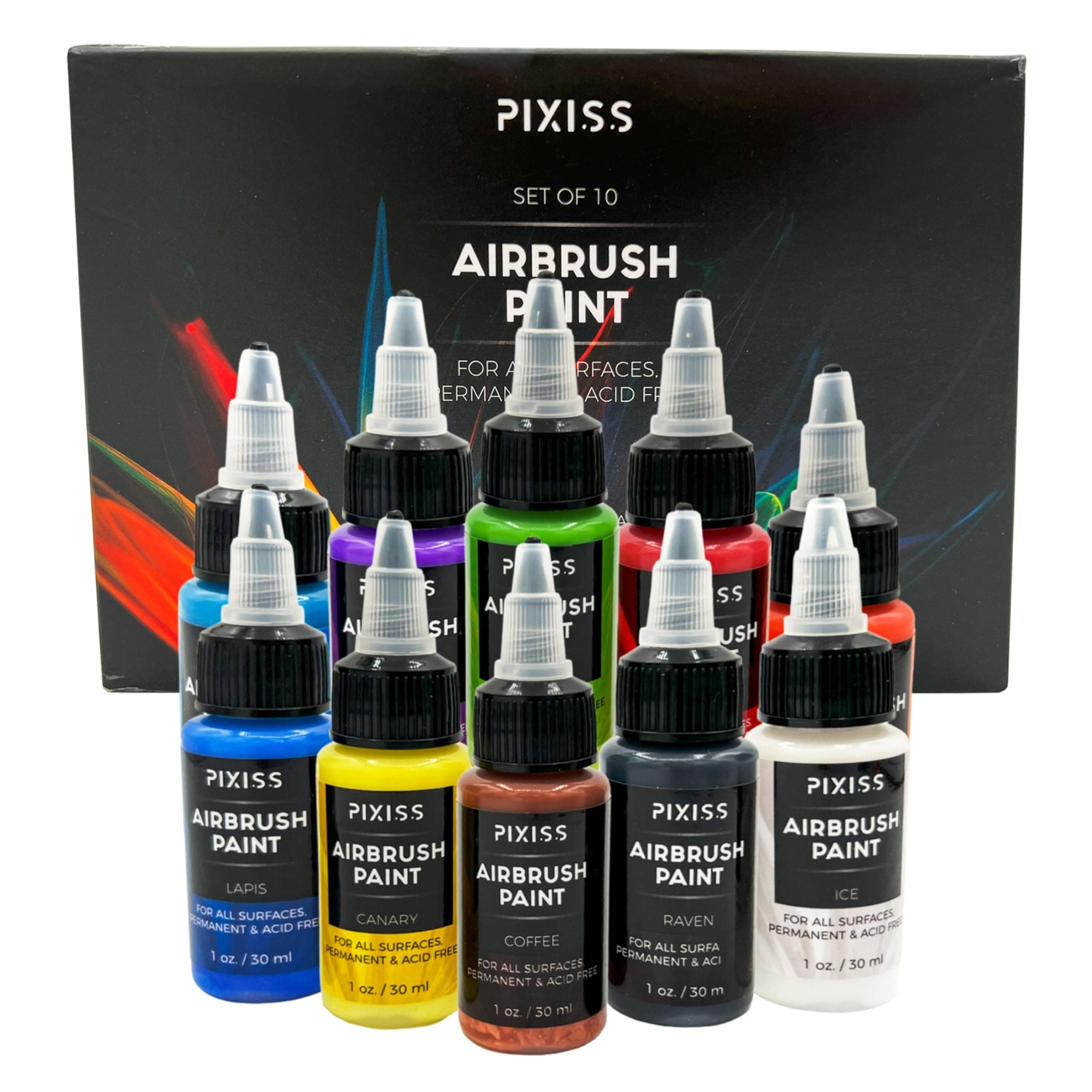 Pixiss Air Brush Painting Set - 10 Colors of Acrylic Paint for Airbrush Kit - Acrylic Airbrush Paint Set for Model Paint Kit - Vibrant Pigments for Various Surfaces