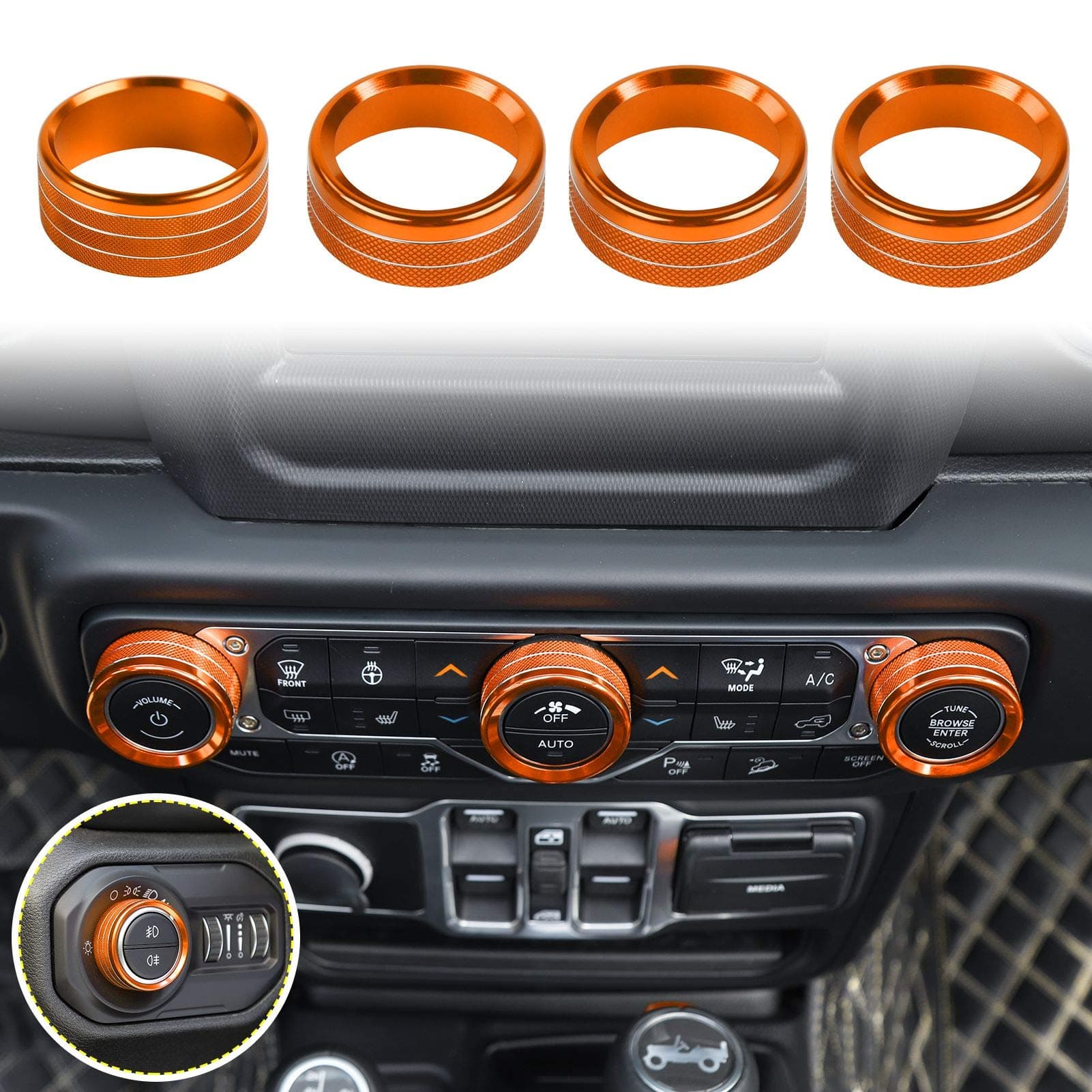 Voodonala Air Conditioner Headlight Switch Knob Trim for 2018-2021 Jeep Wrangler JL JLU Gladiator JT, Orange Aluminum Alloy 4pcs