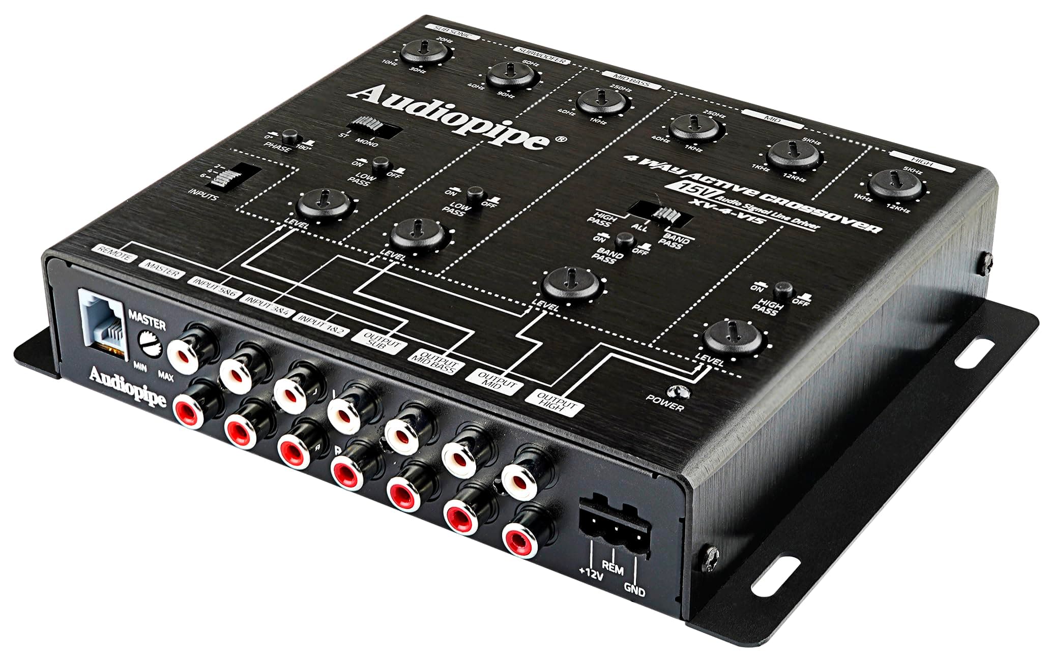 Audiopipe 4-Way Active Crossover (XV-4-V15), Multiplier Switch, Compact, Power LED Indicator, Subwoofer Bass Boost, Custom Installation, Remote Bass Knob