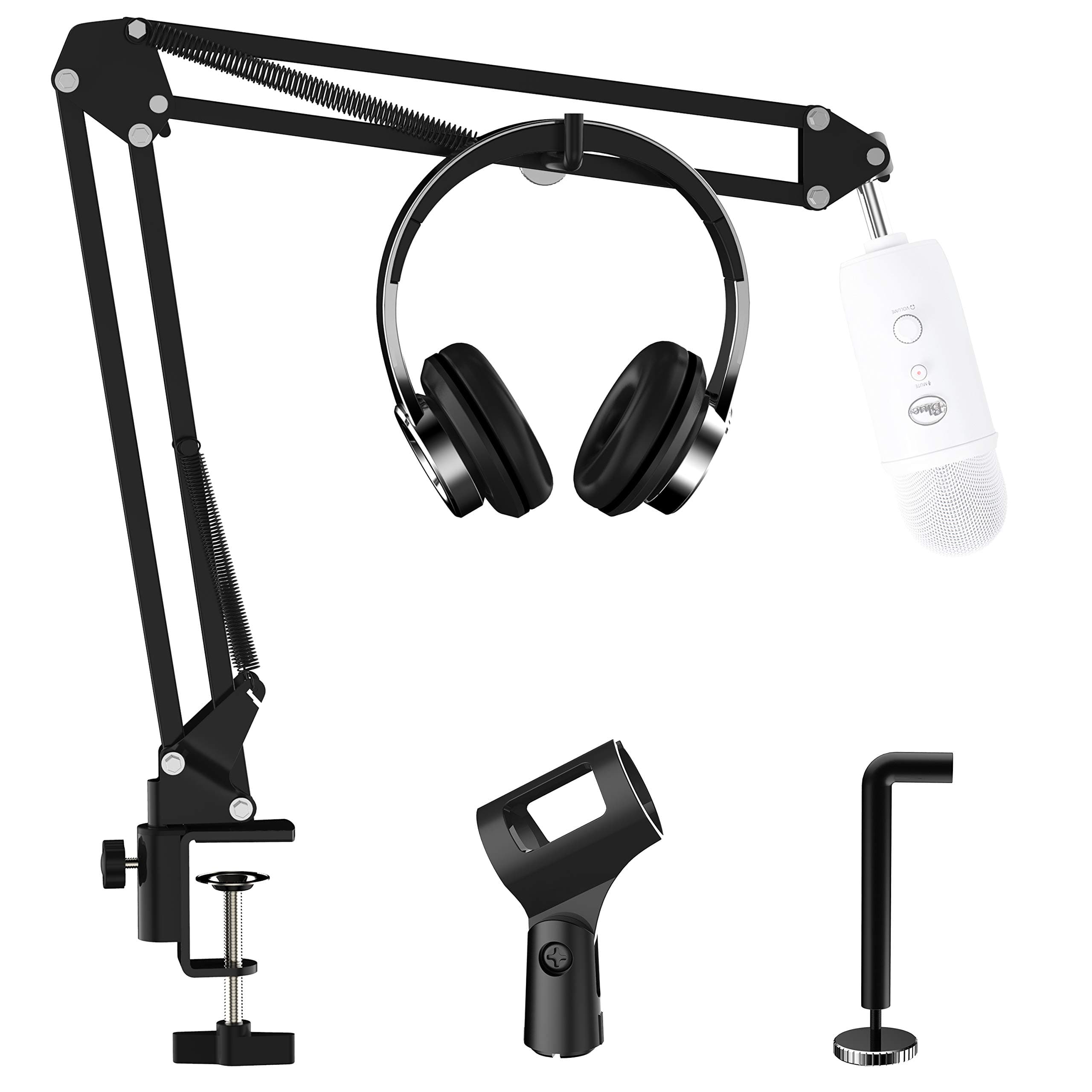 SIGSIT Modified Microphone Stand with Headphone Hook Suspension Boom Scissor Arm Stand Mic Clip Holder 3/8" to 5/8" Screw Adapter for Blue Yeti and other Mic