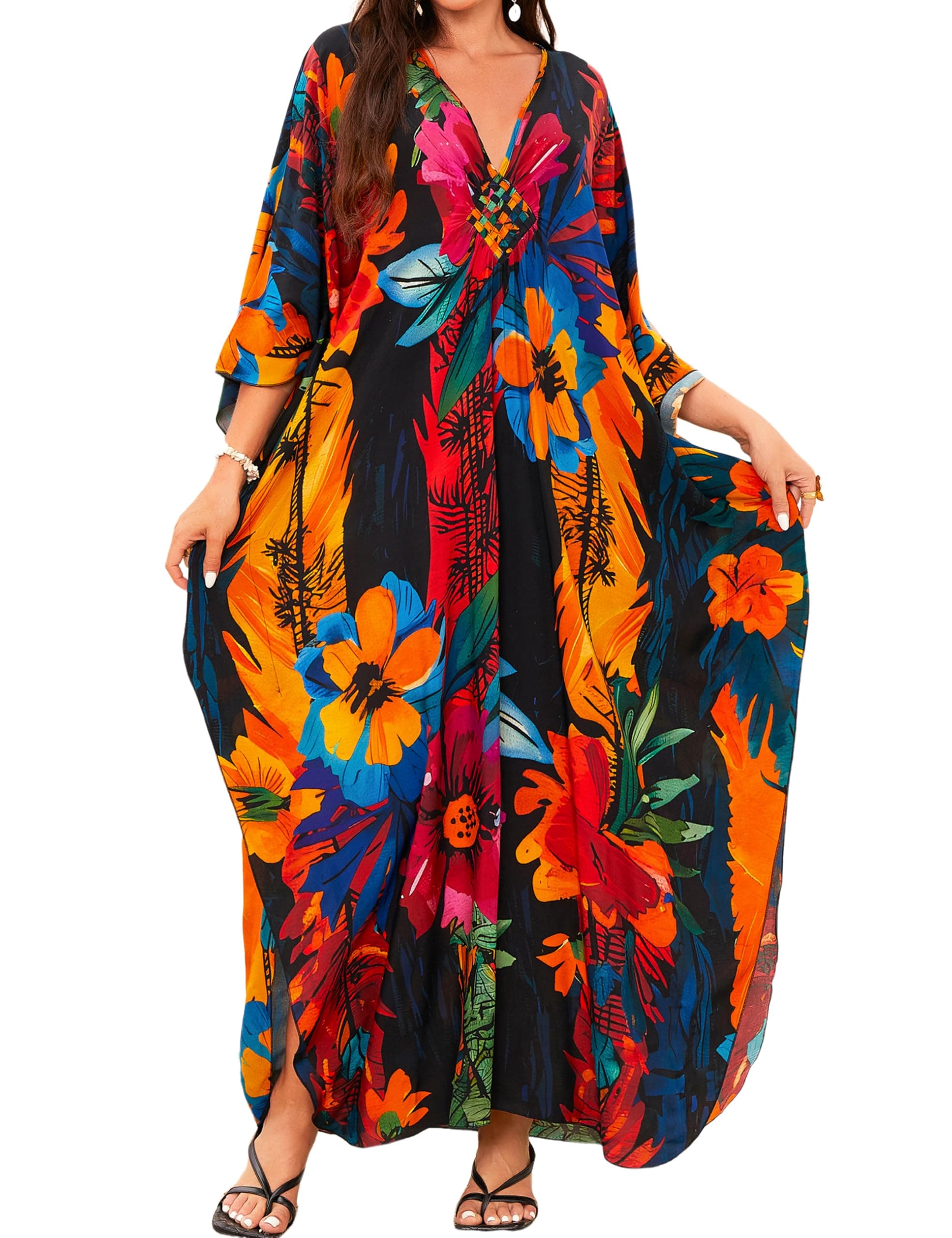 MAKABO Kaftan Dresses for Women, V Neck Moo Moos Colorful Print Cover Ups Caftan Beach Dresses for Swimwear