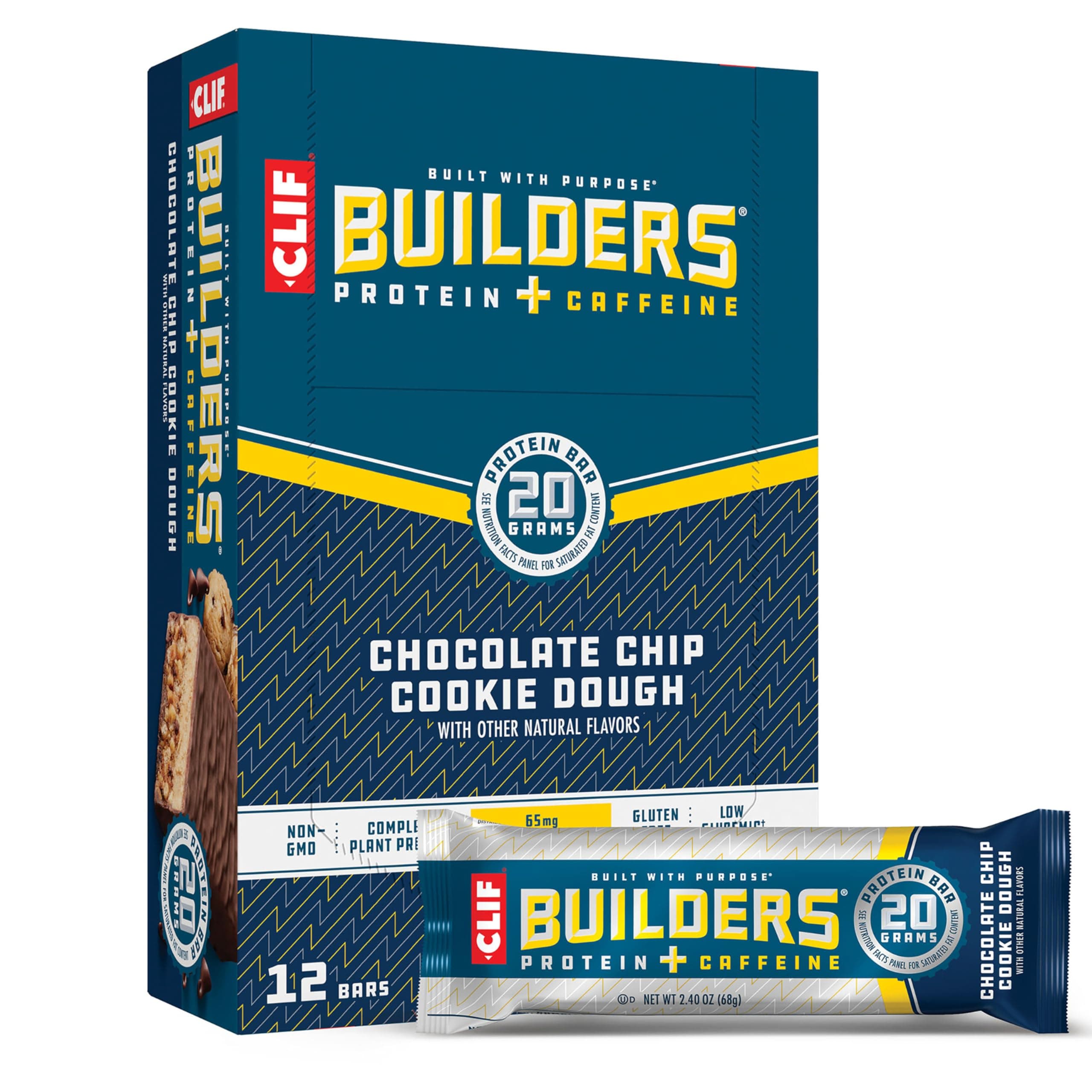 Clif Builders Bar - Protein Bars - Chocolate Chip Cookie Dough + Caffeine - 20g Protein - Gluten Free (2.4 Ounce, 12 Count)