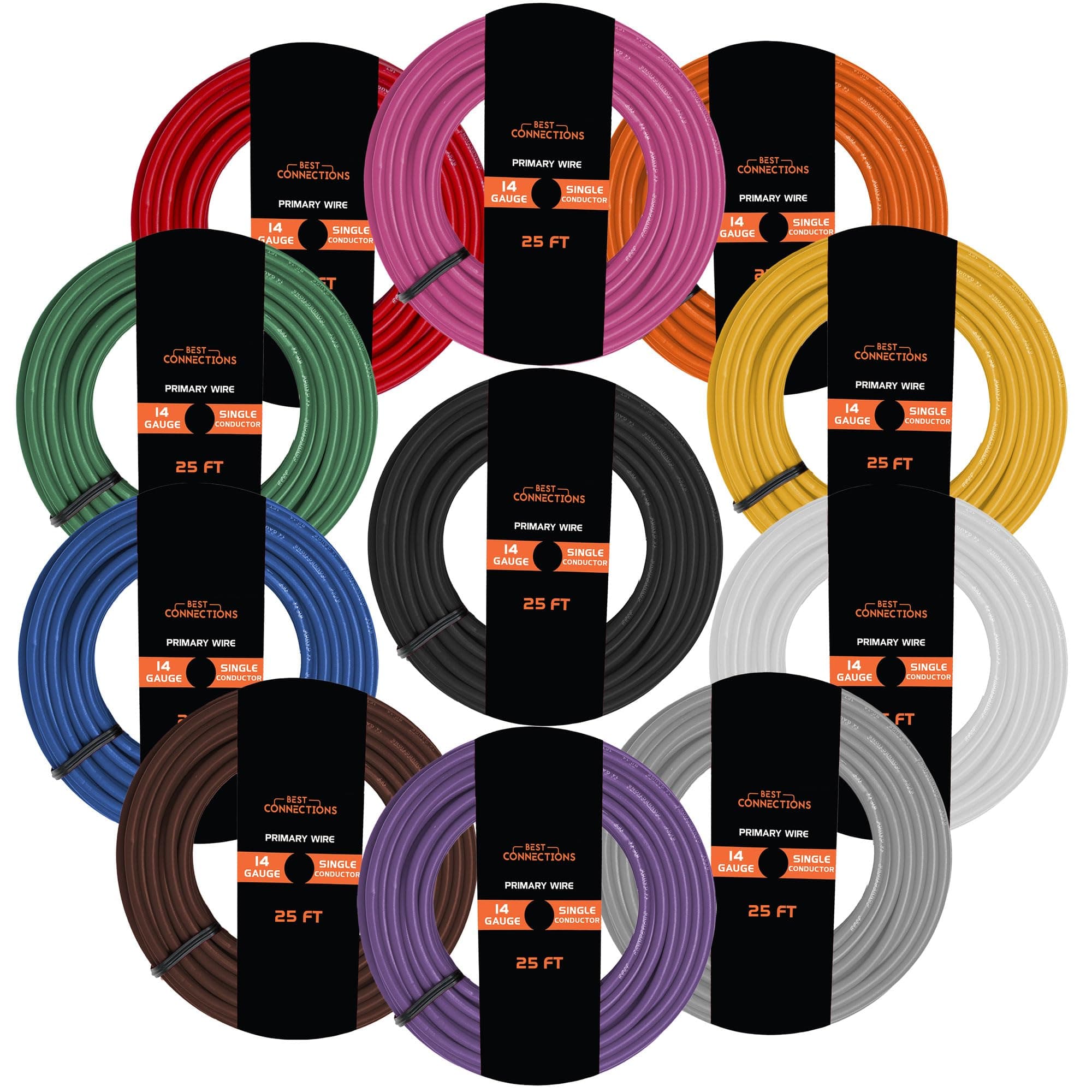 14 Gauge Automotive Primary Wire (25ft Each – 11 Color Bundle Set) | Ideal for Trailer, Speaker, and Lighting Circuits | Durable Primary/Remote, Power/Ground Electrical Wiring