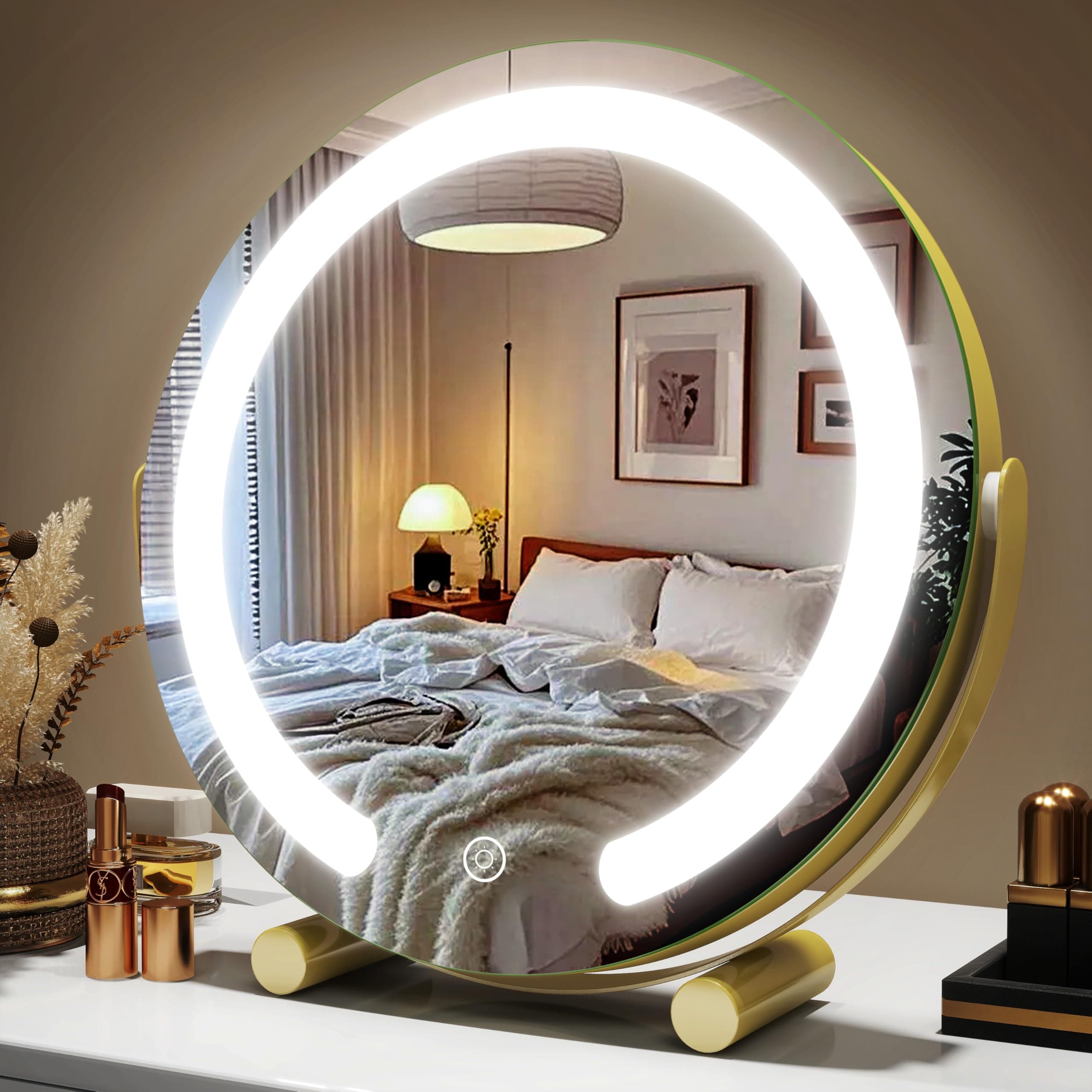 ROLOVE Gold Vanity Mirror with Lights, 12 Inch 3-Color Dimmable Smart Touch Makeup Mirror for Desk, 360° Rotation Tabletop Lighted Mirror for Bedroom, Dressing Room & Daily Grooming