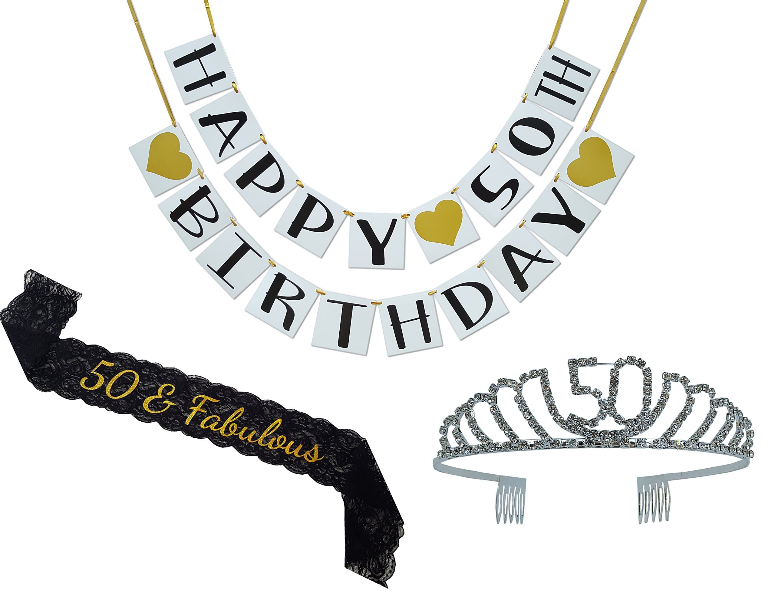 Birthday Party Supplies and Decorations - Sash, Tiara, and Banner All-in-One Pack (50th Birthday)
