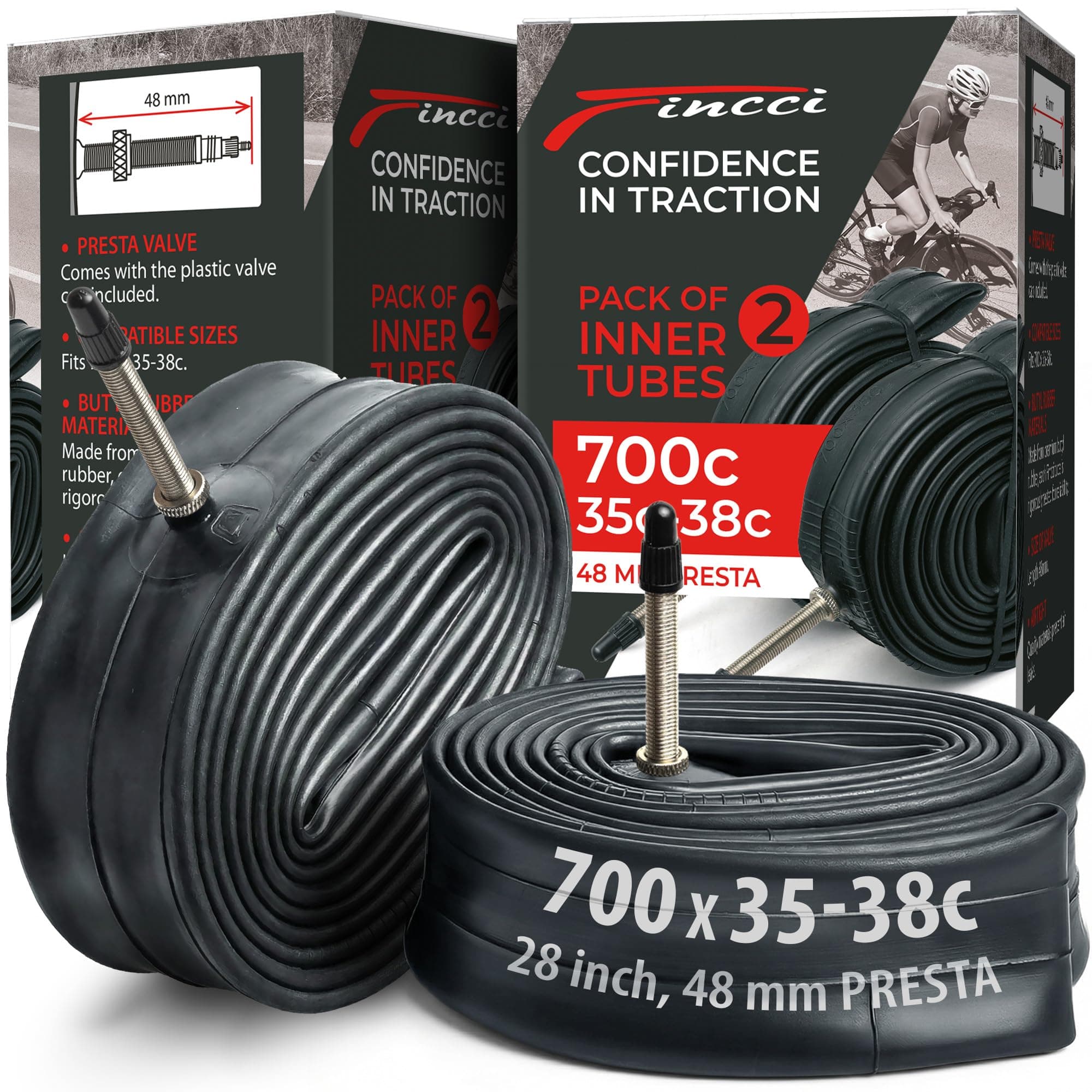 Fincci Bike Inner Tube 700c x 32c x 35c x 38c - Pair of Gravel Inner Tubes 28" inch with 48 mm Presta/Schrader Valve for City, Road, Electric, Hybrid, Folding Bicycle - Pack of 2 accessories