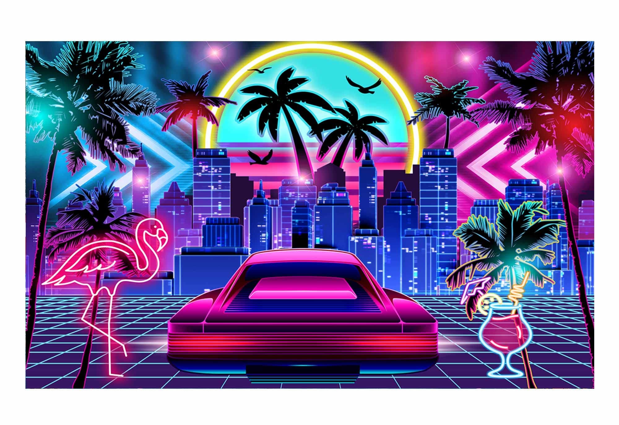 Funnytree Miami Backdrop for Retro 80s Summer Disco Style Birthday Party Supplies Decoration Tropical Neon City Flamingo Palm Tree Decor Background Photo Booth Banner Props