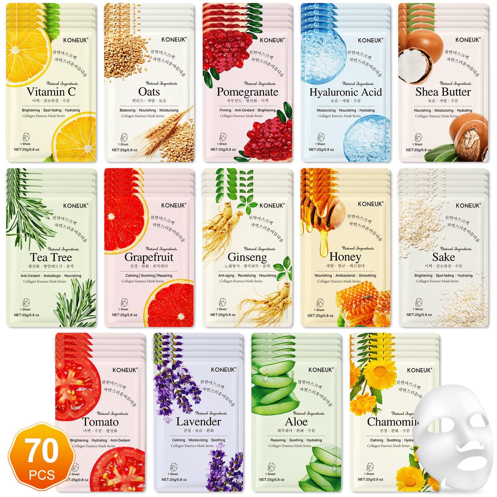 70 Pack Sheet Face Masks Skincare, Hydrating Face Masks Suitable for All Skin Types, Bulk Facial Mask Gifts Set for Women Skin Care, Home Skincare Spa for Sensitive Skin