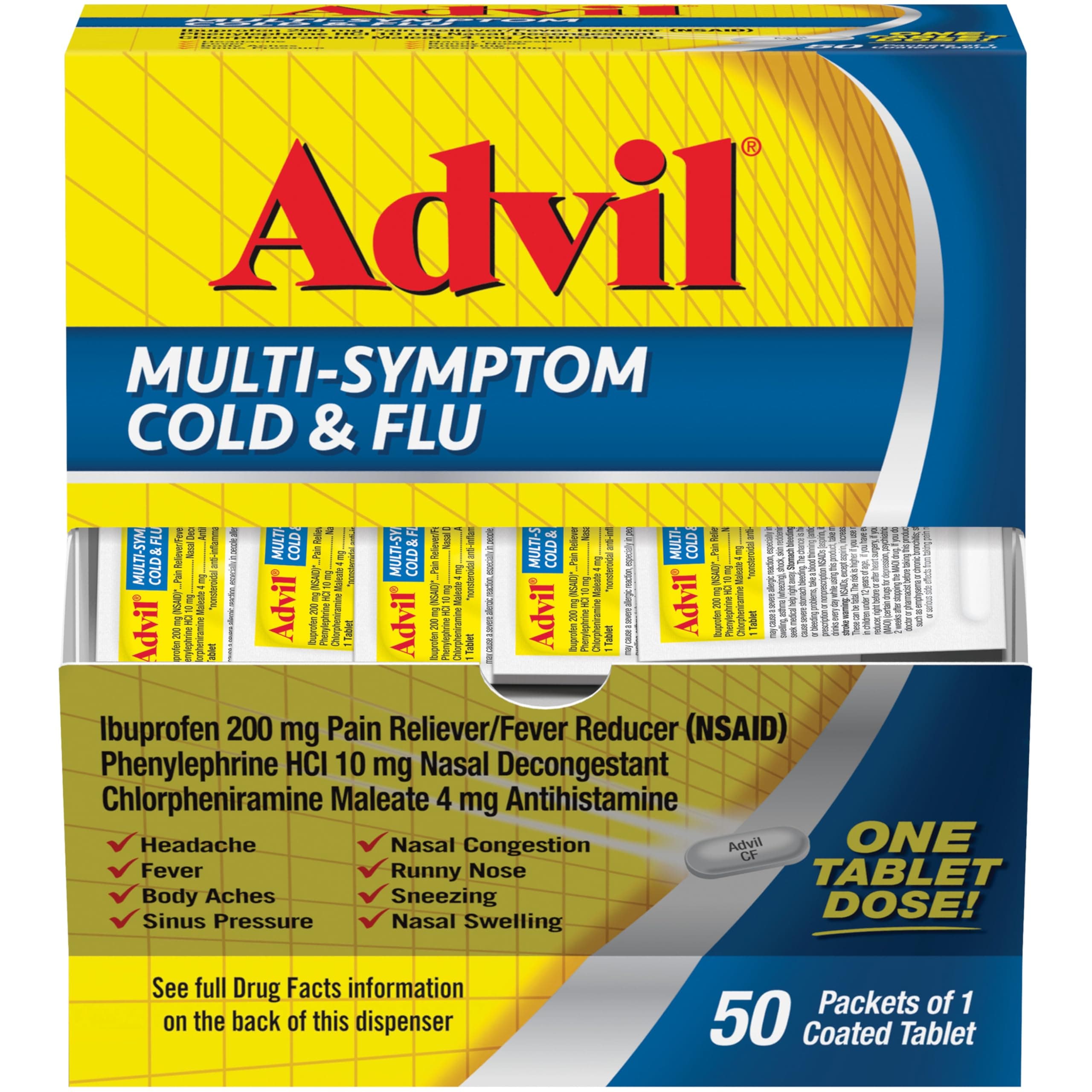 - Advil Multi Symptom Cold and Flu Medicine, Cold Medicine for Adults with Ibuprofen, Phenylephrine HCL and Chlorpheniramine Maleate - 50 Coated Tablets