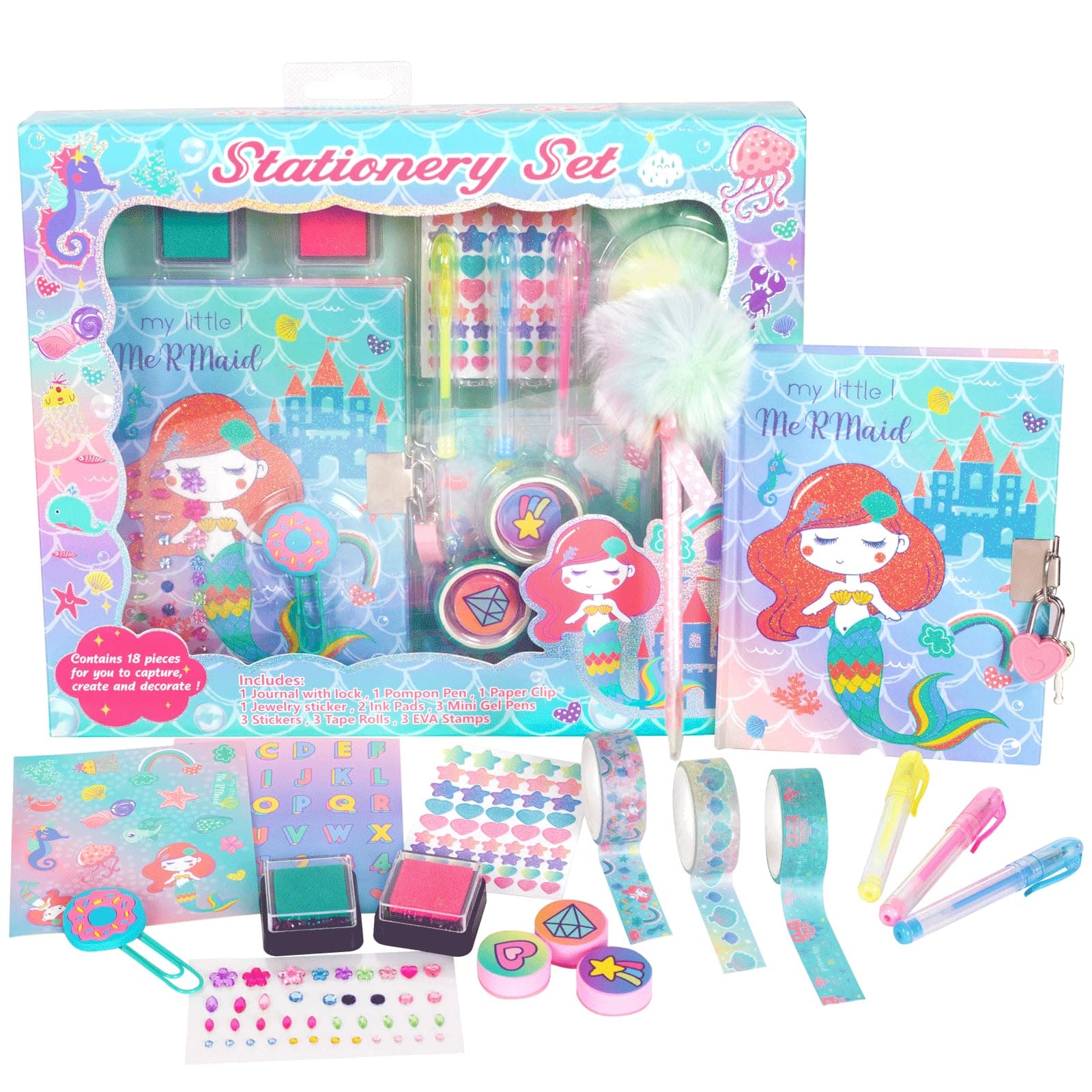 Mermaid Diary for Girls with Lock and Keys, Unicorn Stationery Set with Diary, Stamps, Stickers, Pens, Birthday Gift for Girls Kids Ages 4-12