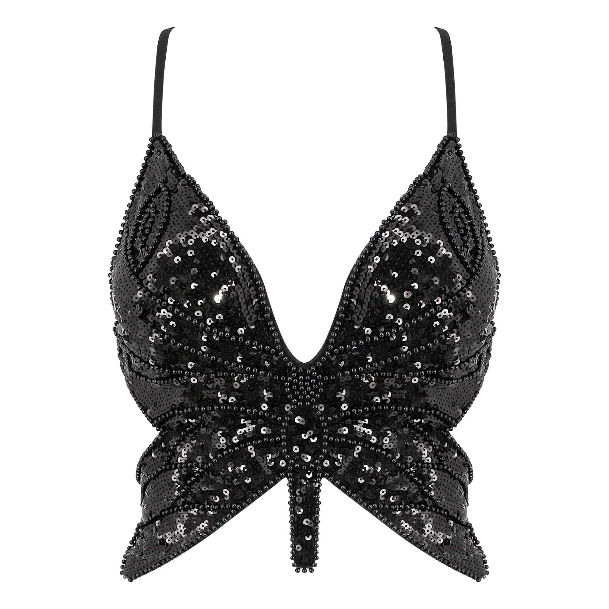 Mocure Womens Glitter Sequin Butterfly Crop Top Low-Cut Tank Top Rave Tube Vest Top for Belly Dance Costume Outfits