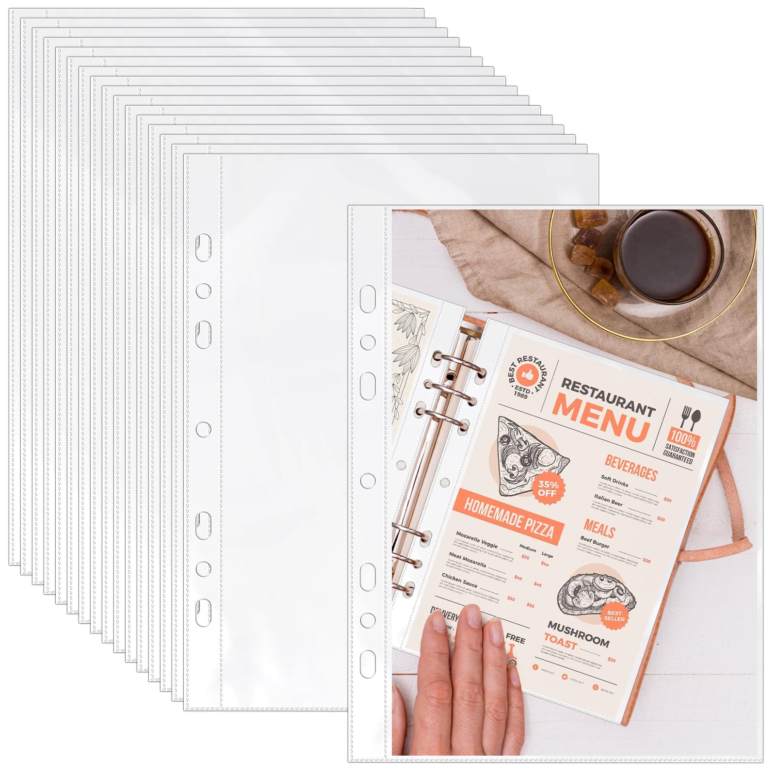 VOKOY 100 Pack 5.5x8.5 Inch Sheet Protectors for 3 or 6 Ring A5 Binder, Half Letter Size 7 Holes Mini Heavy-Duty Sheet Protector Sleeves Crystal Clear Playbill Binder Pockets