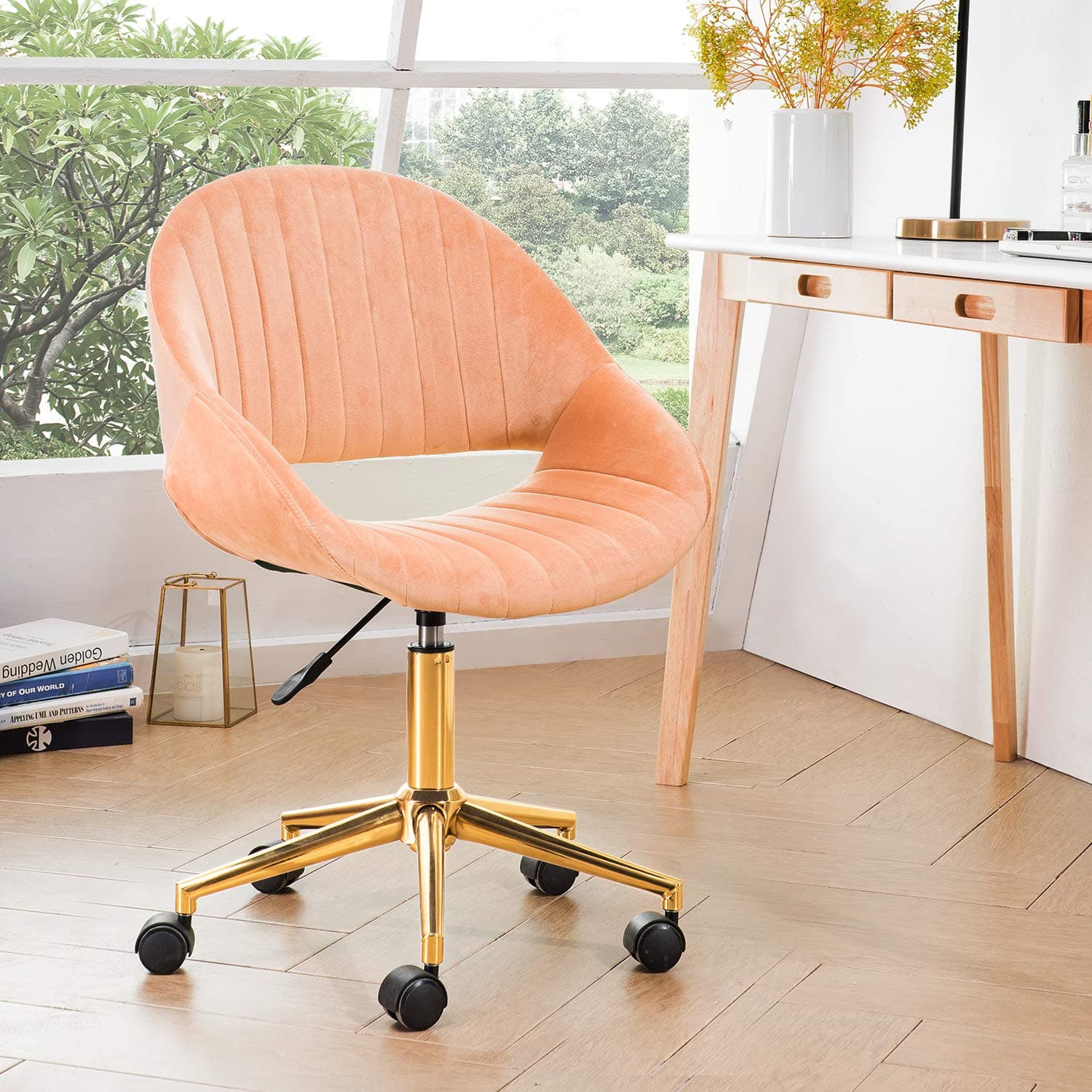 ovios Cute Desk Chair, Modern, Plush Velvet Office Chair for Home or Office, Comfortble, Nice Dask Chair for Computer Desk. (Golden-Coral Orange)