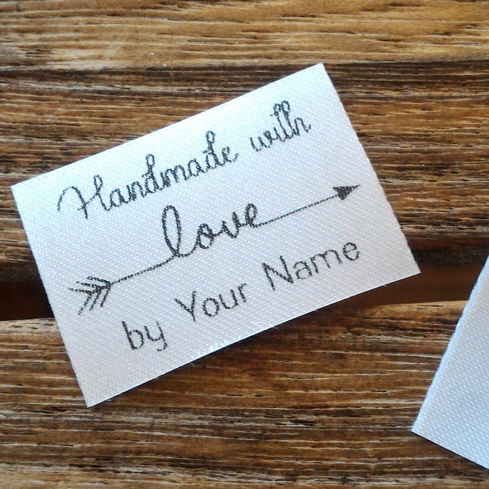 Qty 100 Iron on Clothing Label Sewing Custom Name tag Design Handmade with Love by Business Name Text Logo Personalized Soft Satin Ribbon Waterproof Washable Label Size 1.2"