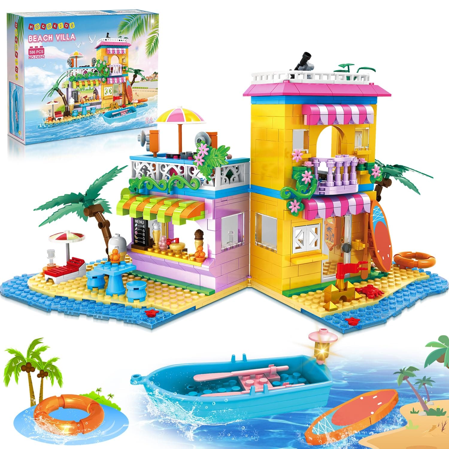 HOGOKIDSBeach House Building Set - Seaside Villa Building Toys Friends Vacation Hut Construction Blocks 586PCS Cottage Playset Birthday for Kids Girls Boys Age 6 7 8 9 10 11 12 Years