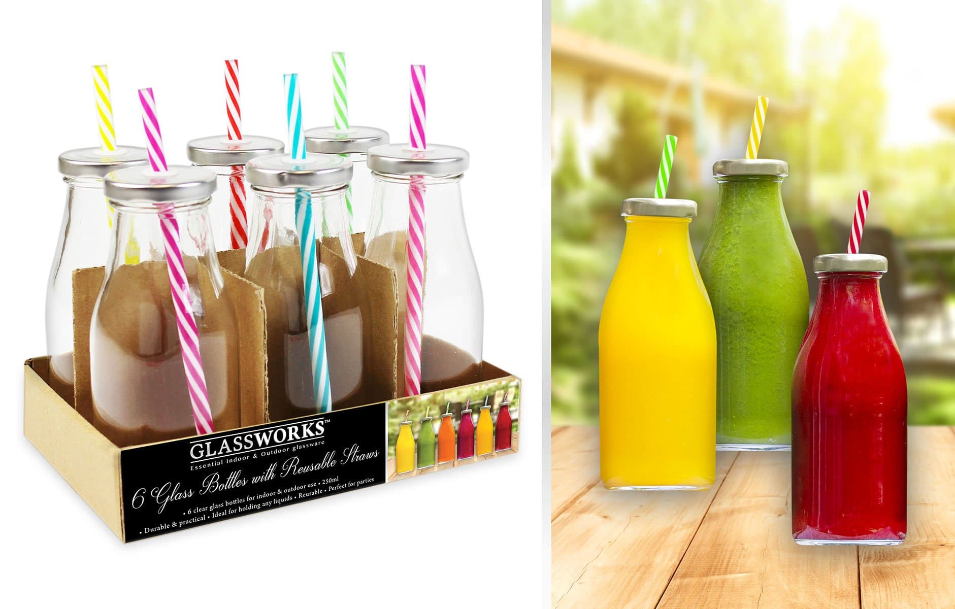 Glass Drinking Bottles Set of 6 Mini Milk Bottles with Lids & Straws Party Drink Tableware Reusable Cocktail Vintage Retro Milkshakes 250ml